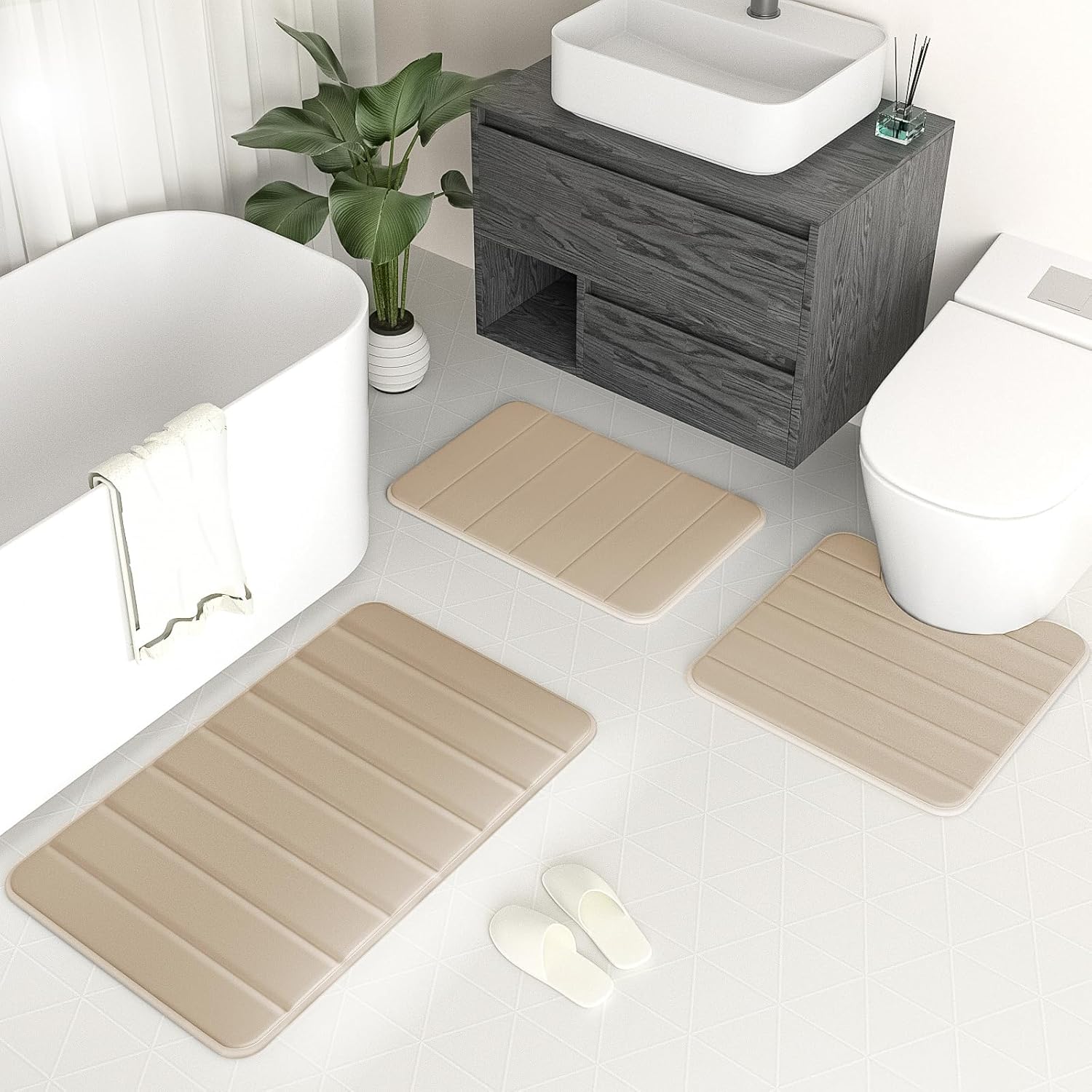 Bathroom Rugs Sets 3 Piece Memory Foam Bath Rugs,Non-Slip Bottom Bath Mat for Bathing,Showering,Machine Washable,Soft Toilet Mat,Beige