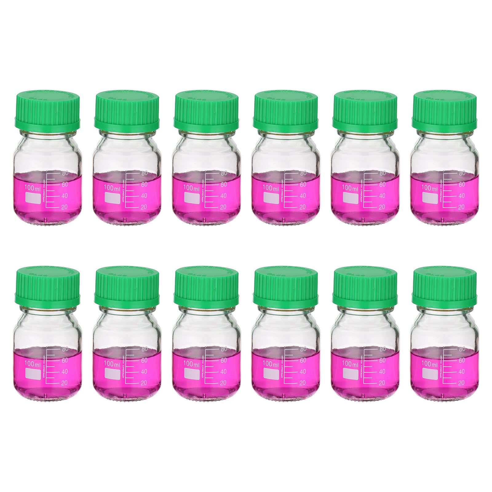 PATIKIL 12 Pack Flacons De Stockage De Réactifs, 100ml Bouteilles Graduées En Verre Borosilicaté Avec Bouchon Vissé Vert GL32 Pour Liquides Réactifs De Laboratoire, Transparent
