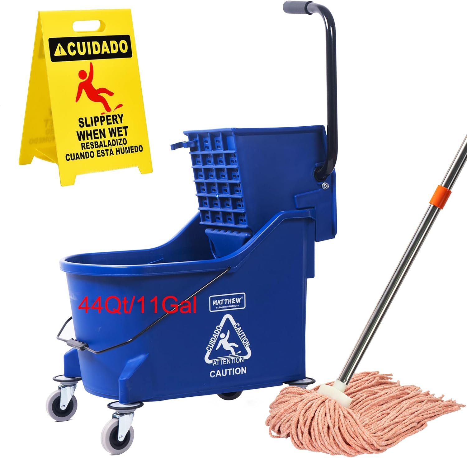 Matthew cleaning blue 44-quart mop bucket with wringer