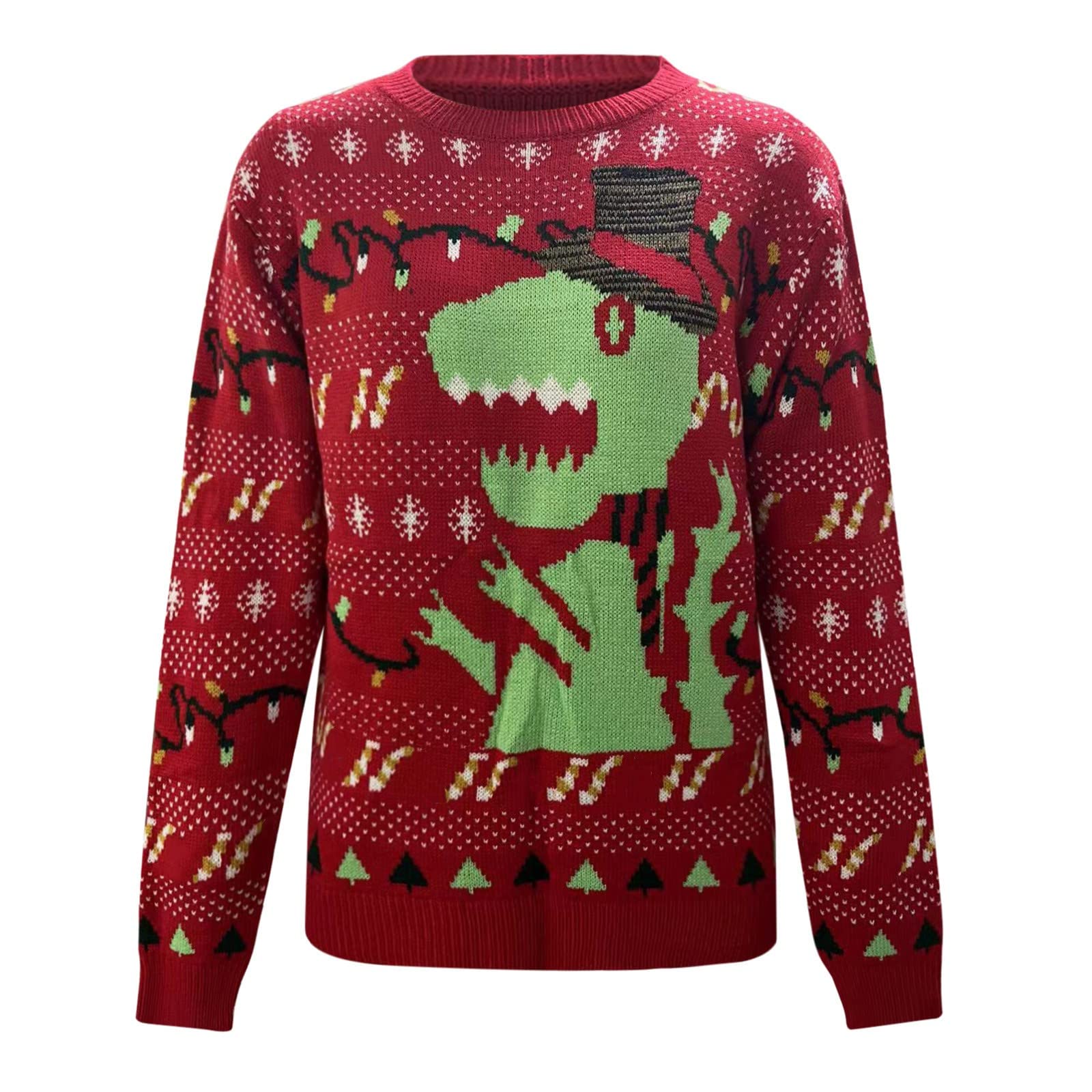 Merry Christmas - Suéteres esponjosos de punto con cuello redondo y diseño de dinosaurio para mujer, suéter de manga larga, casual, elegante, suéteres suaves y lindos