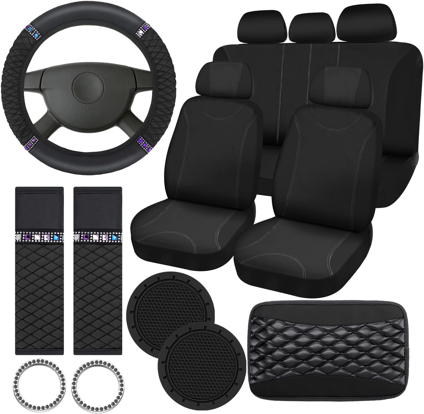 Fulmoon 17 Pcs Car Accessories Set for Women Seat Bling Leather Steering Wheel Cover Seat Belt Shoulder Pad Armrest Cup Holders Covers Full Crystal Decor Automotive Interior (Purple and Black)