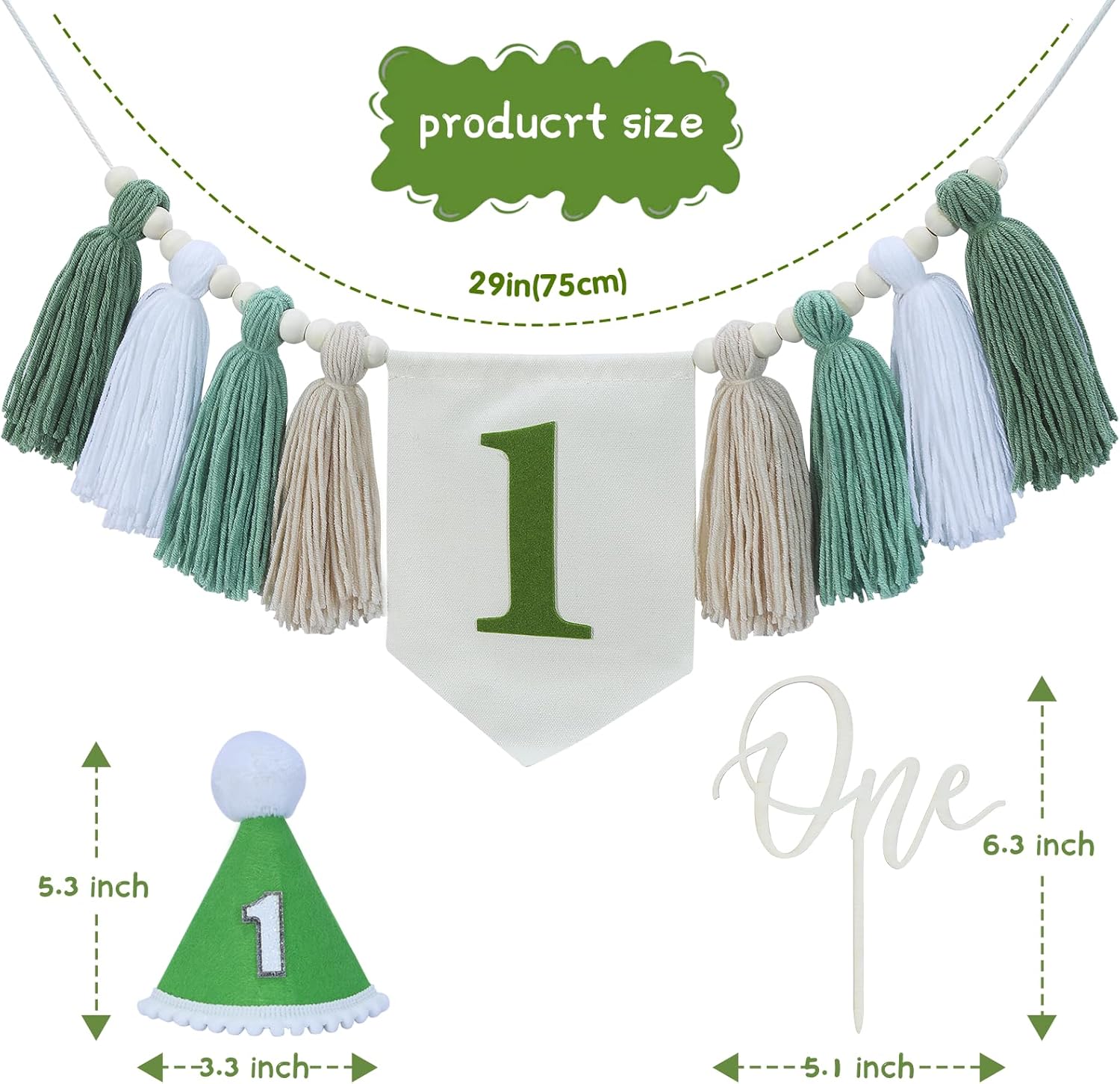 High Chair Banner First Birthday Decorations for Boy, Wood Bead Tassel Garland Banner for Baby 1st Party, Green Boys First Birthday Hat with One Cake Topper - Image 3