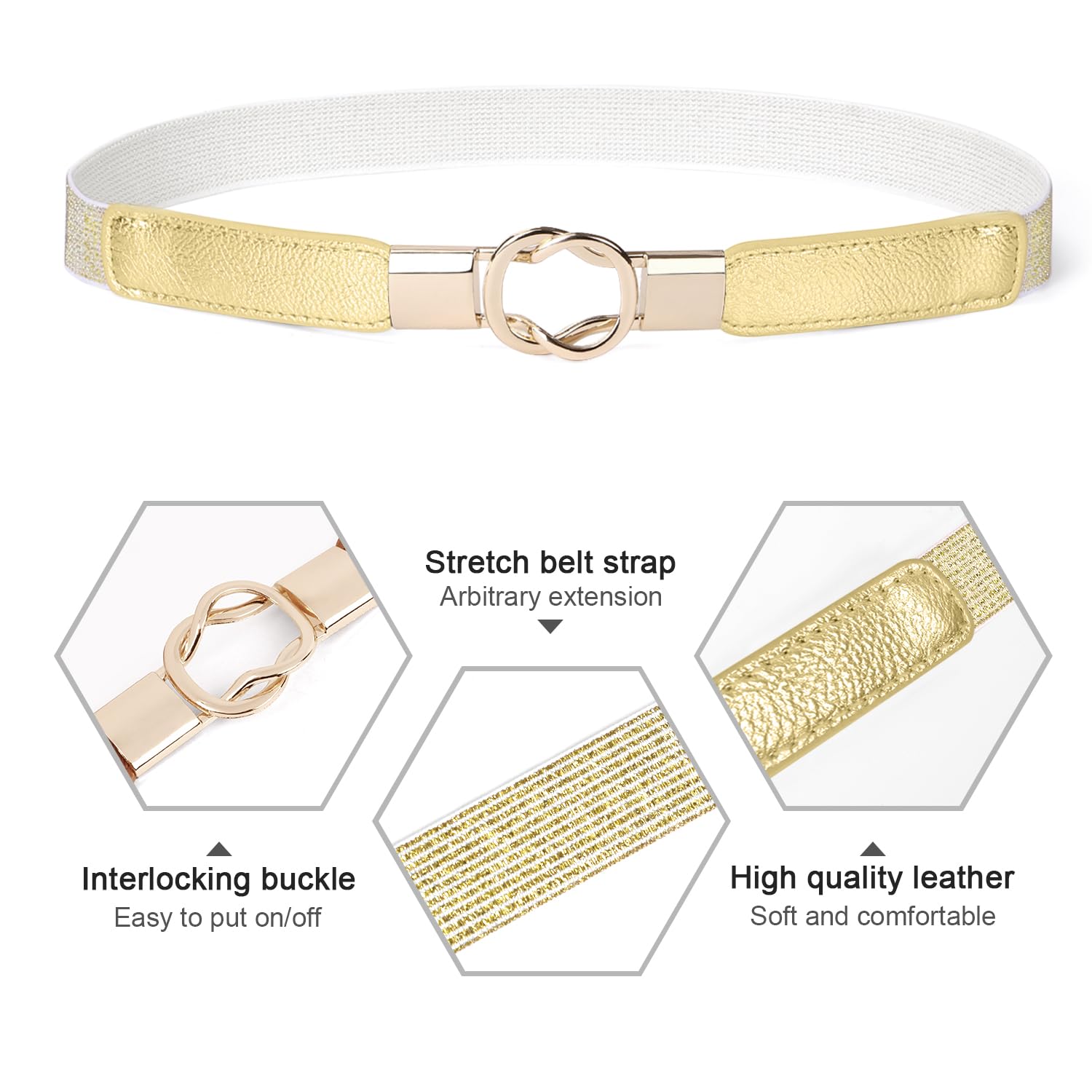 WERFORU Women Skinny Belt for Dresses Retro Stretch Waist Belt with Gold Buckle Set of 4: Fits Waist 29"-40" O-black+brown+white+gold