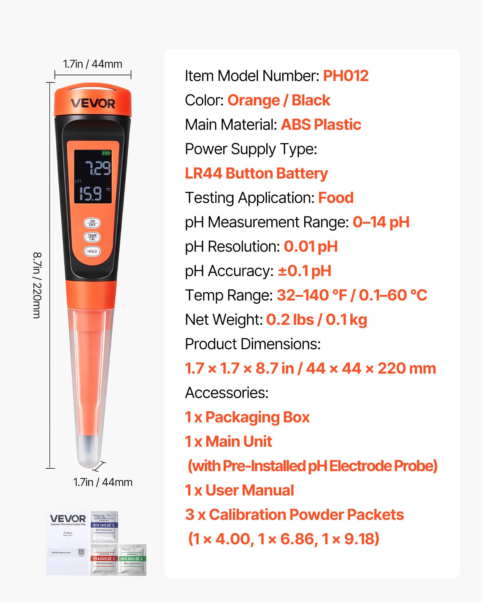 VEVOR pH-Meter für Lebensmittel, Messbereich 0–14, Wasserdichte Sonde (IP68), Messgerät mit Automatischer Temperaturkompensation, Kalibrierpulver, für Lebensmittelfermentation, Teig & Fleisch