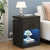 Vista 8 de Auromie Mesita de noche con estación de carga y luces LED, mueble de ocultación con gabinete de cerradura RFID y tomas de corriente, mesa