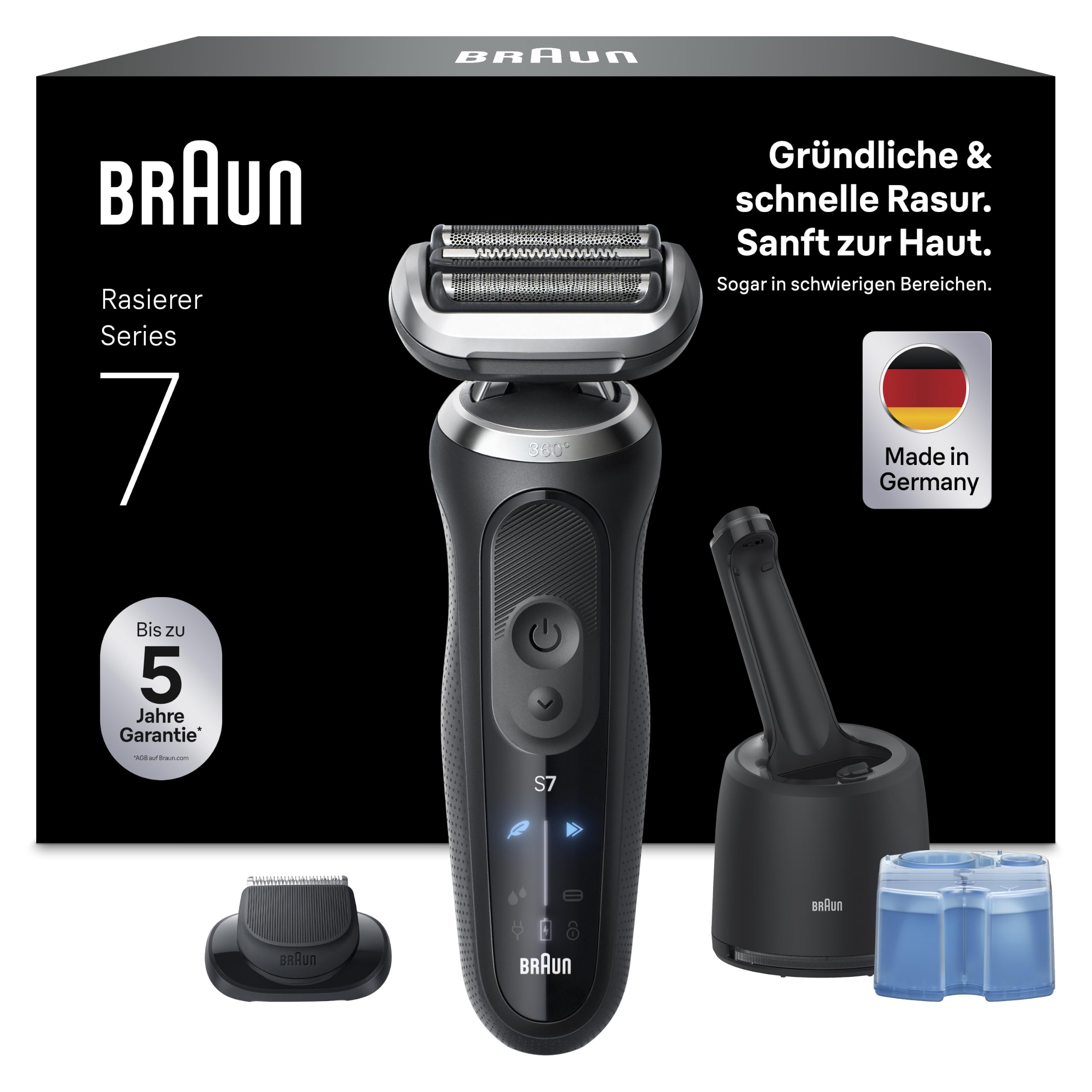 Braun Rasierer Herren Elektrisch Series 7, N7200cce, Schwarz - Kabelloser Elektrorasierer, Barttrimmer mit 60 Min. Akku, Wasserdicht, Made in Germany, Inkl. 1 Aufsatz und 4in1 SmartCare Center