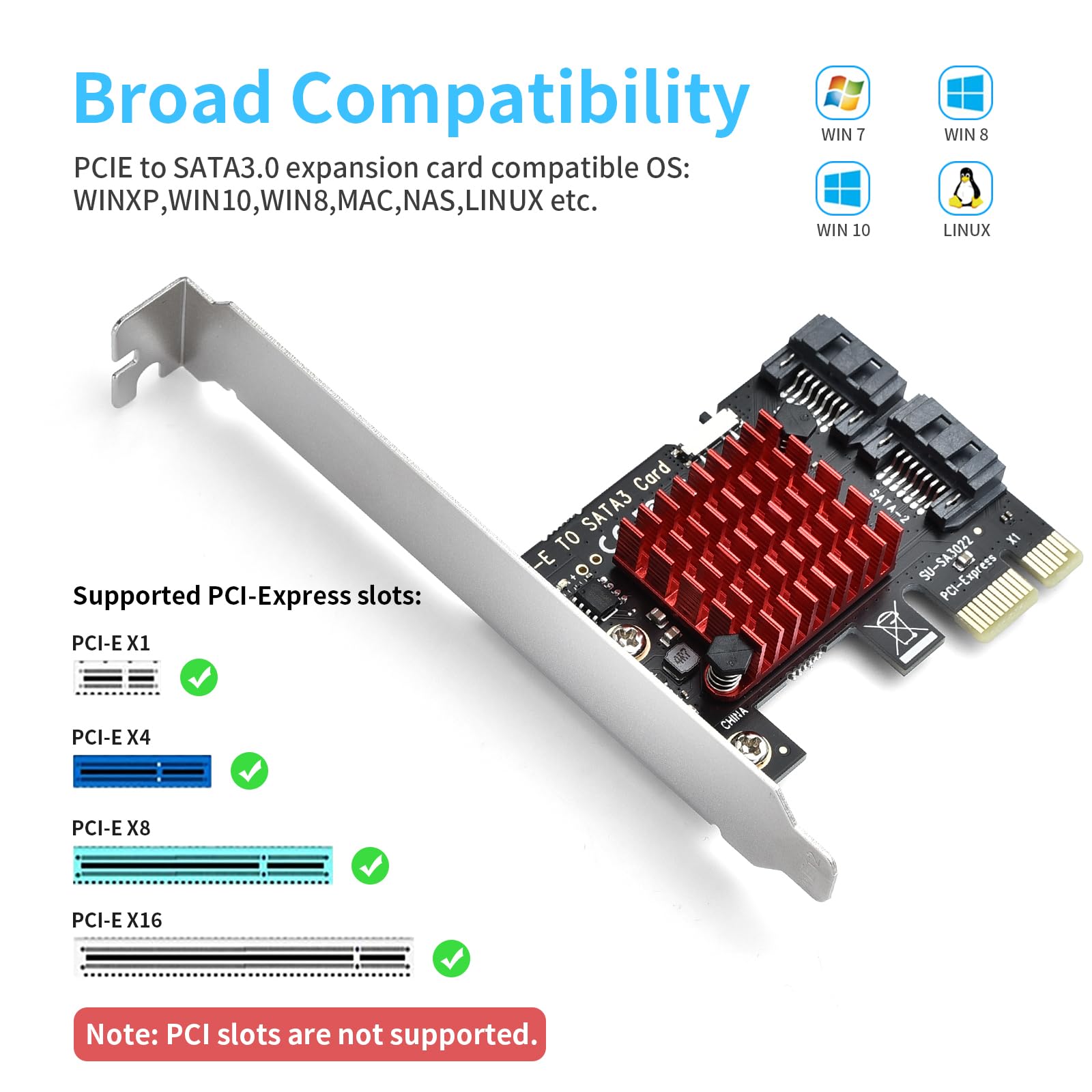 ELUTENG Karta PCIe SATA 2 porty, 6Gbps PCIe do SATA Adapter Karta kontrolera SATA 3.0 Karta rozszerzenia PCI Express X1 z mocowaniem Low Profile dla komputera stacjonarnego, obsługująca SSD HDD