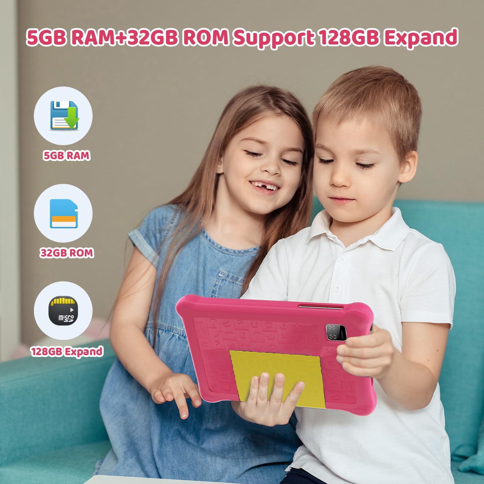 Tablet per Bambini 7 Pollici Android 13 con 5+32GB WiFi Bluetooth Modalità di Controllo Parentale Doppia Fotocamera Protezione Degli Occhi (Rosa)
