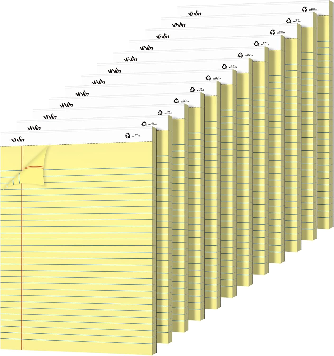 ViVin Legal Pads 8.5 x 11.75, Wide Ruled Note Pads, 12 Pack, 30 Sheet/Pad, Notepads for School Home Office, Perforated Writing Pads, Canary Yellow Paper