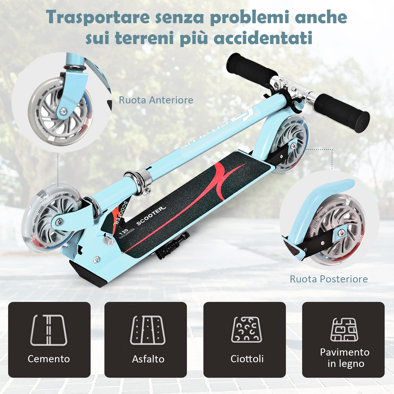 GOPLUS Monopattino Pieghevole a 2 Ruote Luminose Scotter Altezza Regolabile a 3 Livelli per Bambini 4-13 Anni, Alluminio, 70kg (Azzurro)