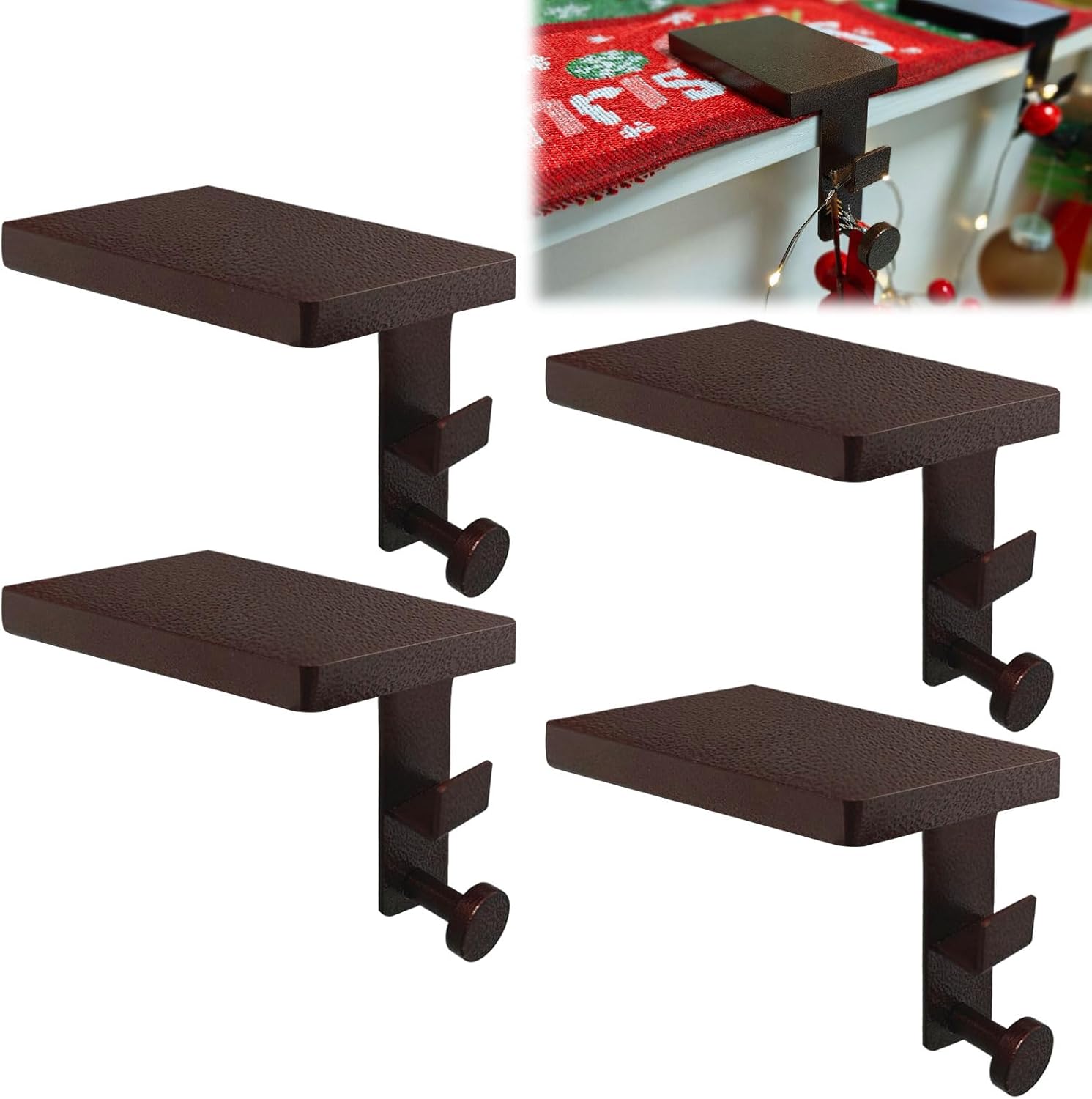 4 Pcs Black Garland Hangers for Mantle, 2 in 1 Mantle Weighted Christmas Stocking Hanging Hooks Stocking Holder with Double Sided Tape -Each Mantle Holder Has Two Hooks for Dual Purpose (Black-4 Pcs)
