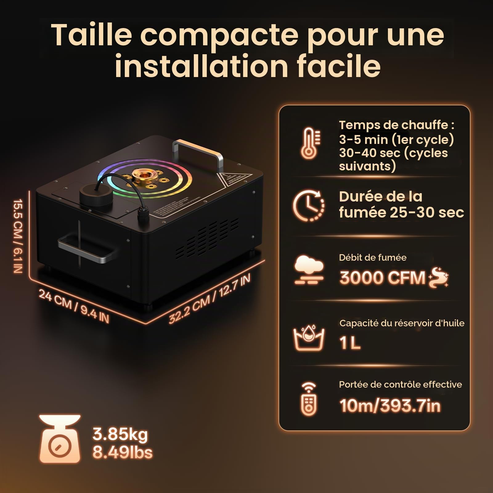 1500W Machine à Fumée avec Télécommande, Wash 6 RGB LED Effets Lumineux Stroboscopiques 3 000 CFM/min Machine à Brouillard Portable DMX512 pour Halloween Mariages Scènes Fêtes