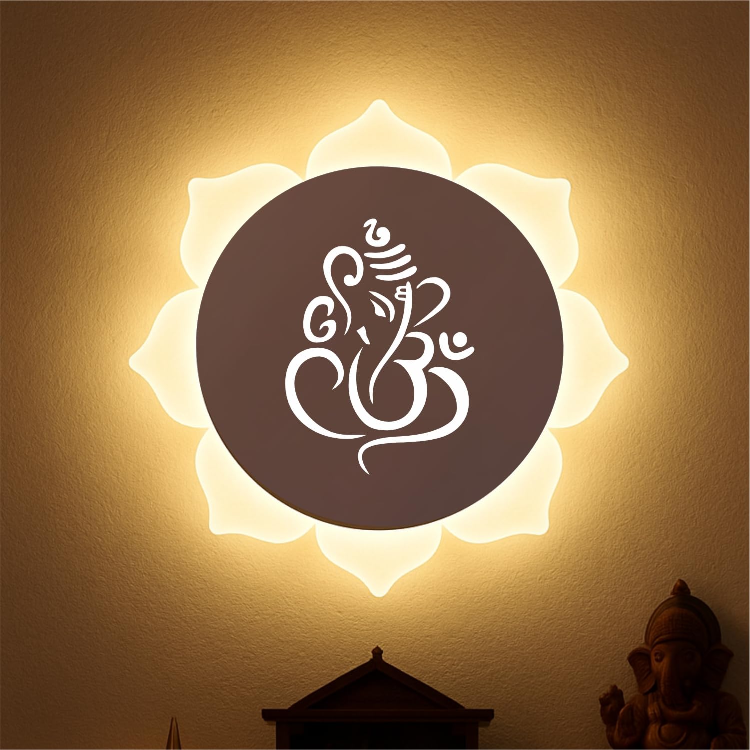 Lamp master Flower Ganpati LED Wall Light - Rose Gold & Frosted Acrylic | 23cm | Warm White | Ideal for Temple, Living Room, Bedroom, Pooja Room, Mandir, Shops, Hotel (Flower - Ganesh - Rose Gold)