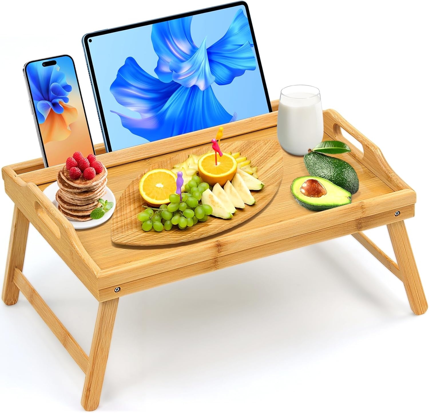 Tray Table for Bed, Bamboo Breakfast Tray with Folding Legs and Handles, Natural Color Bed Tray with Media Slot, Ideal for Eating, Serving or Working in Kitchen, Sofa or Bedroom 1 pack