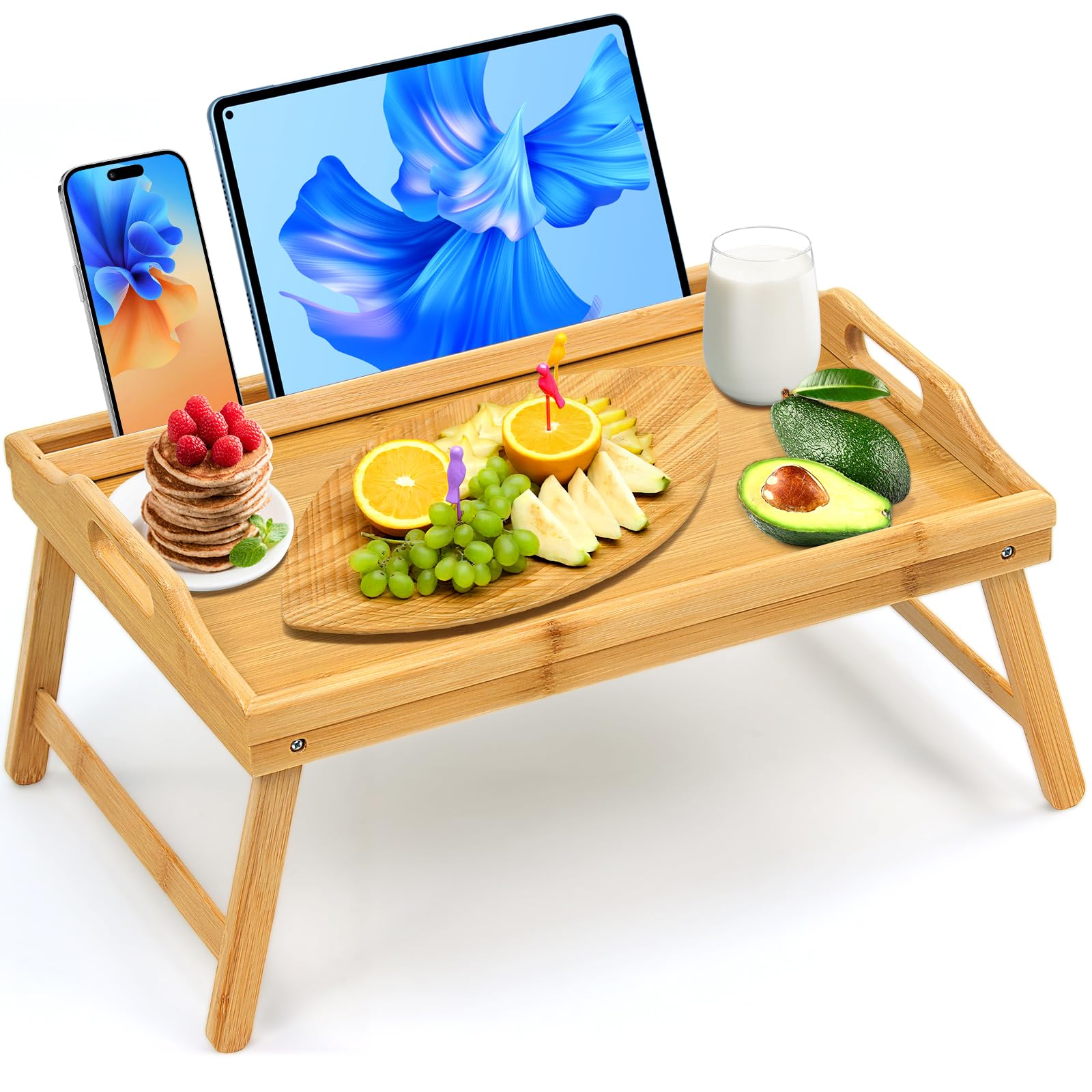 Tray Table for Bed, Bamboo Breakfast Tray with Folding Legs and Handles, Natural Color Bed Tray with Media Slot, Ideal for Eating, Serving or Working in Kitchen, Sofa or Bedroom