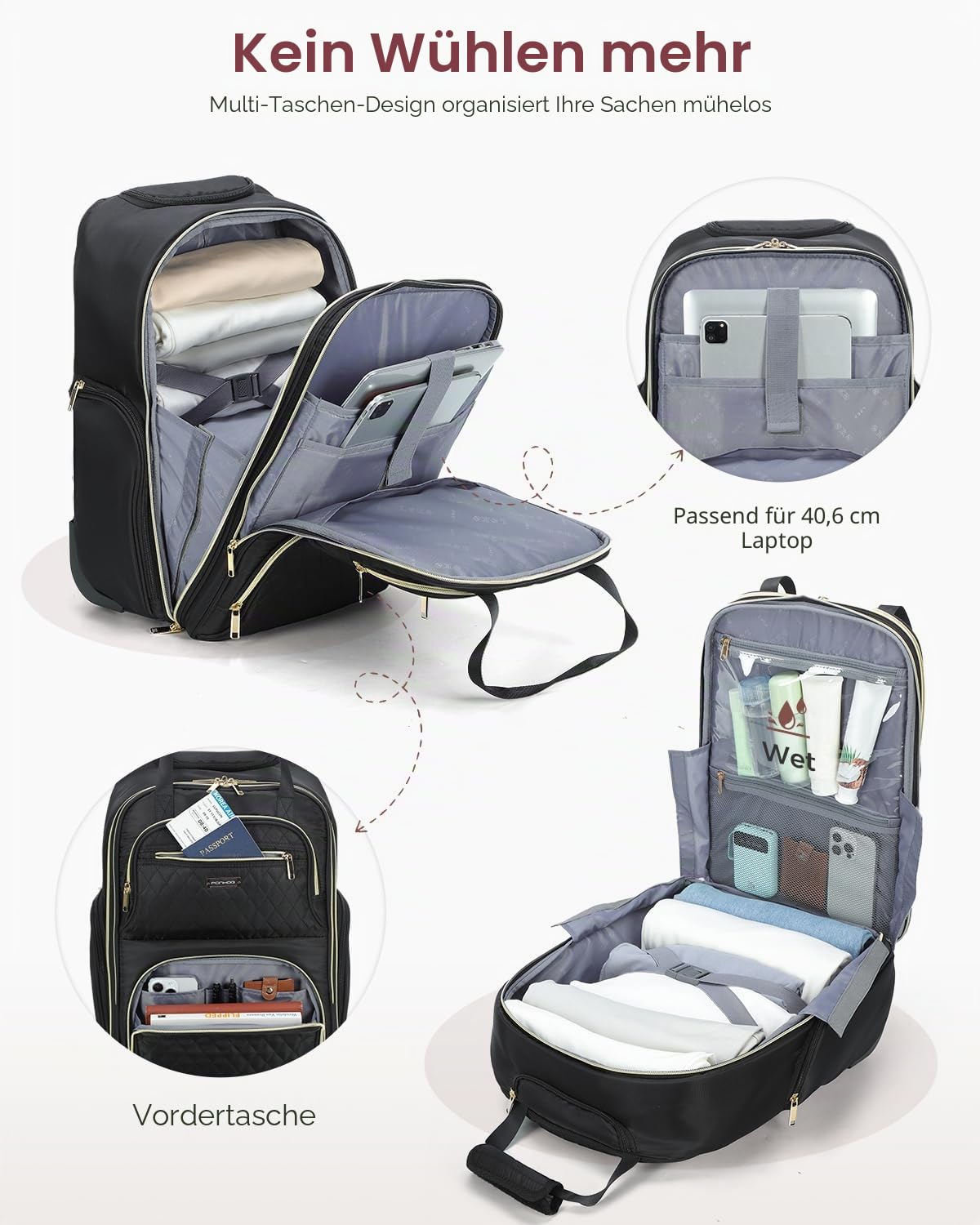 Ponhog Rucksack mit Rollen für Damen - 16 Zoll Business Laptop Trolley & Reiserucksack als Handgepäck, Laptoptasche für Arbeit, College und Reisen, Schwarz