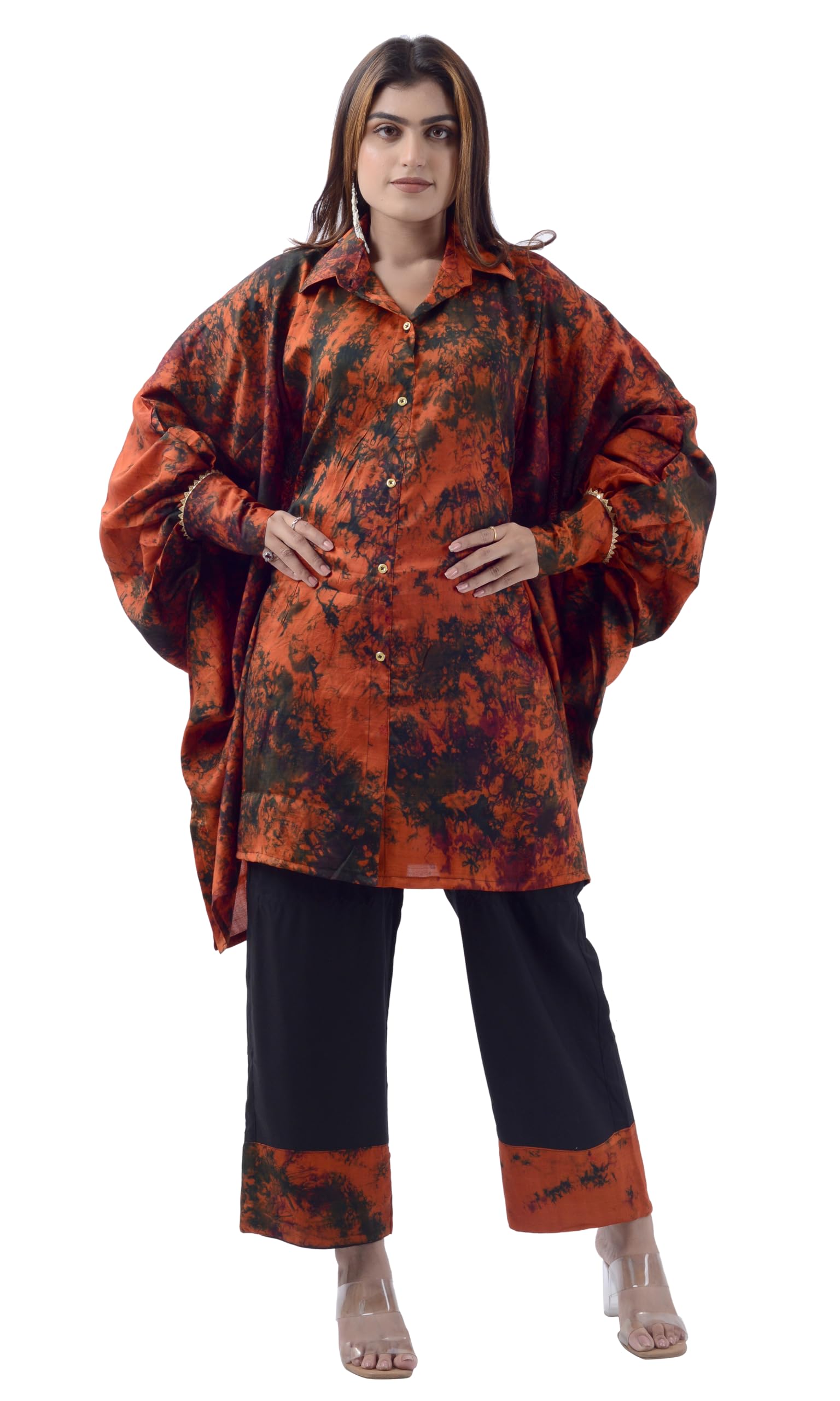 Burnt Orange Tie - Dye Upcycled Silk Kaftan Set for Women-image-2