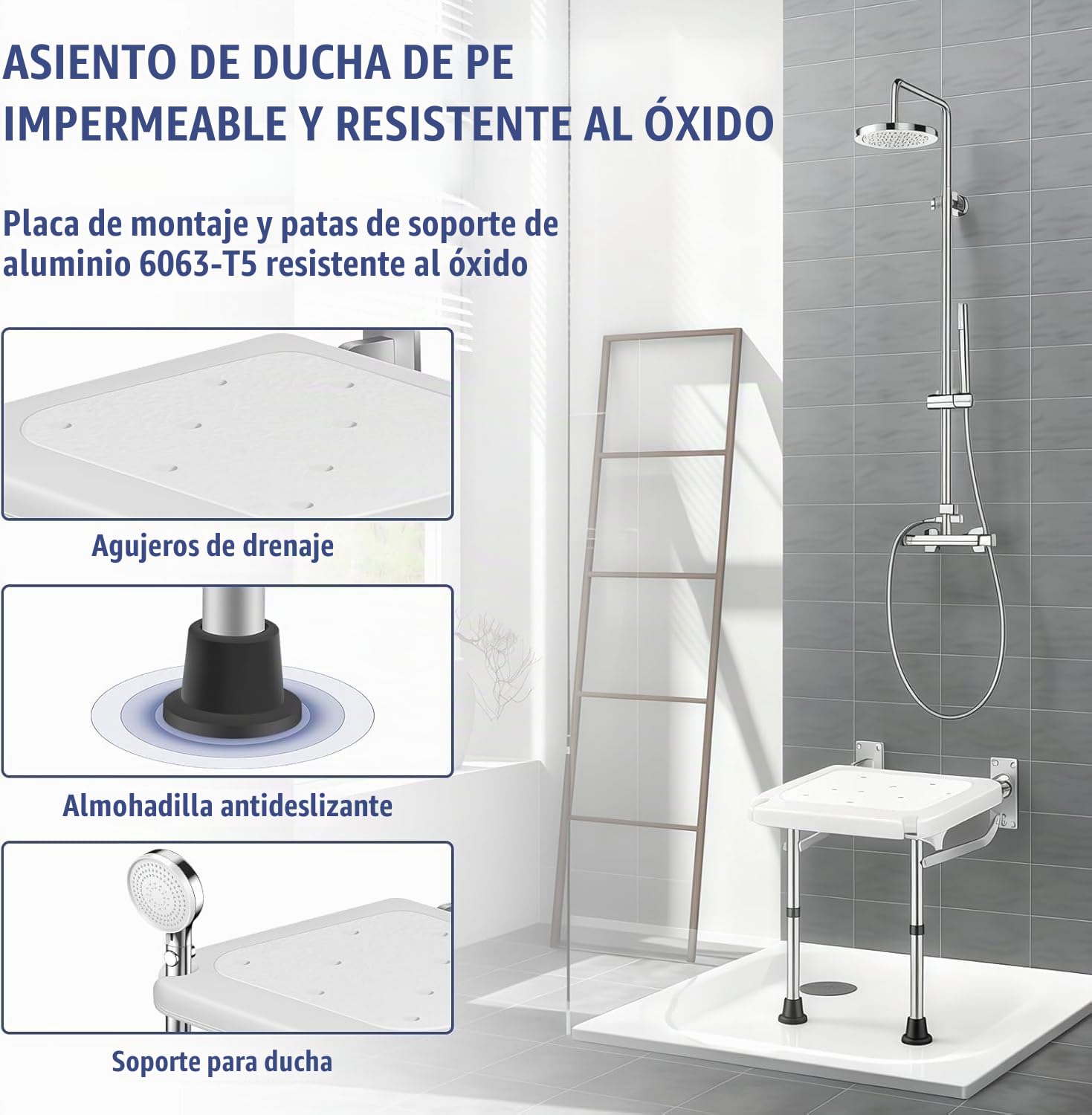 Silla Ducha, Silla de Ducha, Asiento de Ducha Plegable con Patas Antideslizantes, Asiento de Baño Regulable en Altura, hasta 180 KG, para Personas Mayores, Embarazadas, Discapacitados