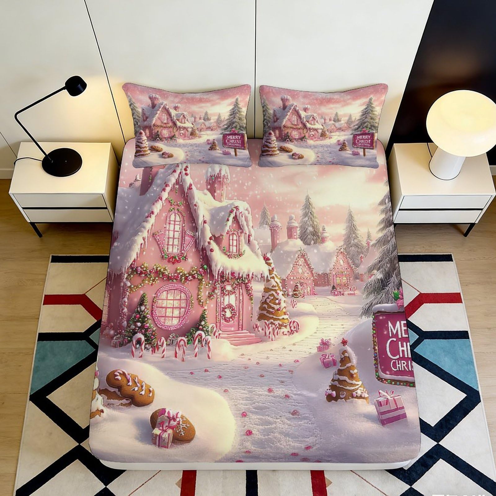 3D Printed Pink Winter Cottage Fitted Sheet Microfiber Soft Snow Village Bed Cover for Bedroom Guest Room Decor 90x200x25cm