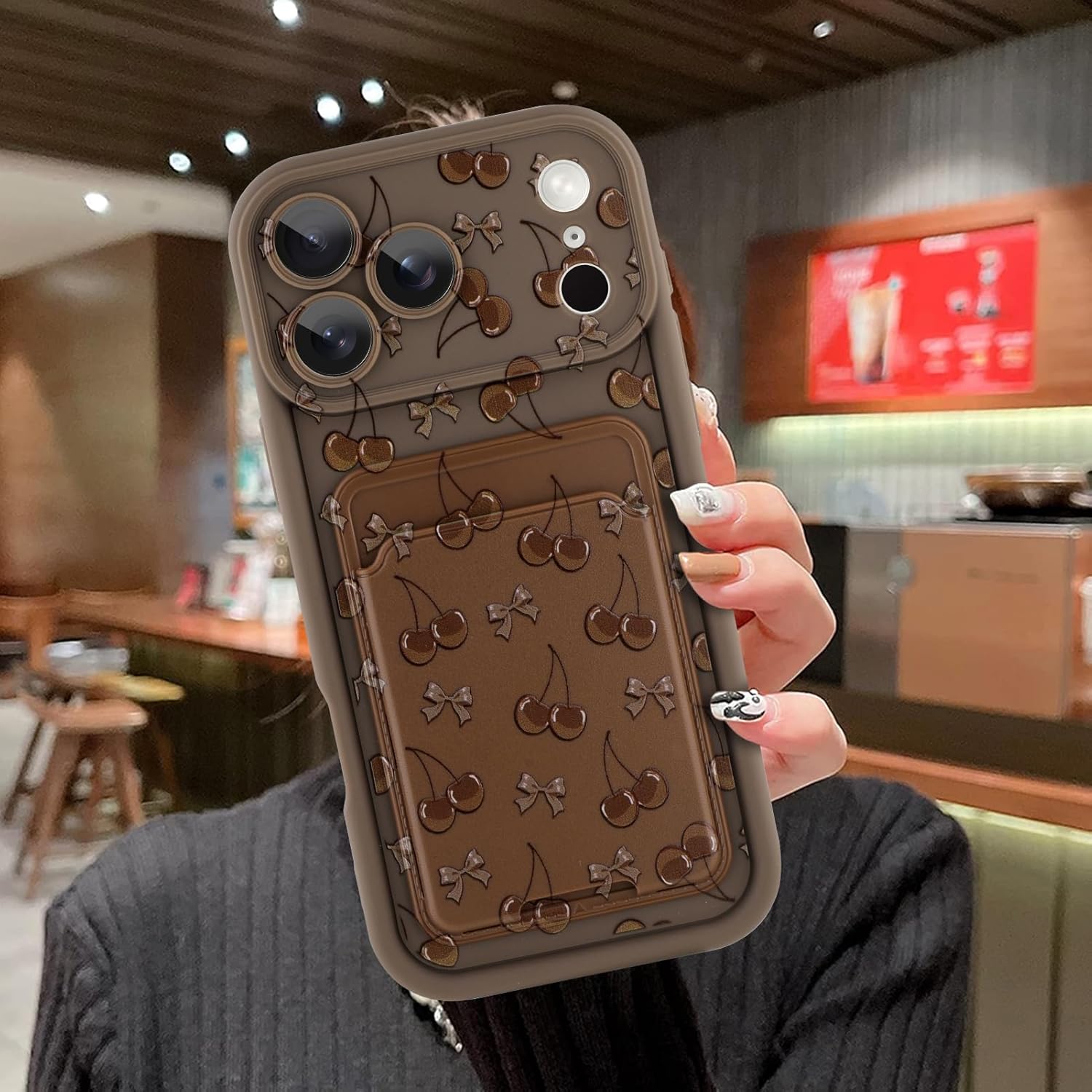 MOWIME Compatible with iPhone 17 Pro Max Case with Card Holder, Bow Cherry Shockproof Soft TPU Protective Cover Women Girls, Anti Scratch Wallet Case for iPhone 17 Pro Max 6.9 Inch, Brown - Image 6