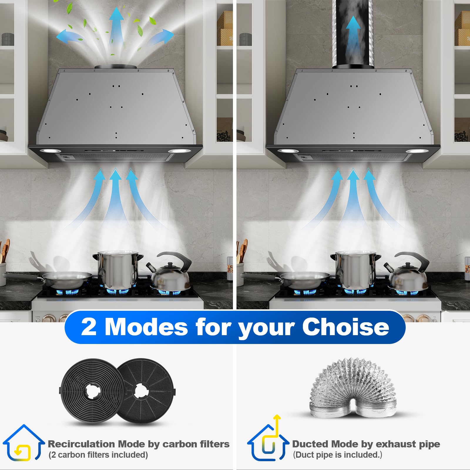 Cappa da incasso 52 cm, 400 m³/h, Nero Cappa da cucina, Comandi Gesto, Tocco, 3 velocità e Booster, Illuminazione a LED, Evacuazione dei condotti e ricircolo con filtro carbone attivo