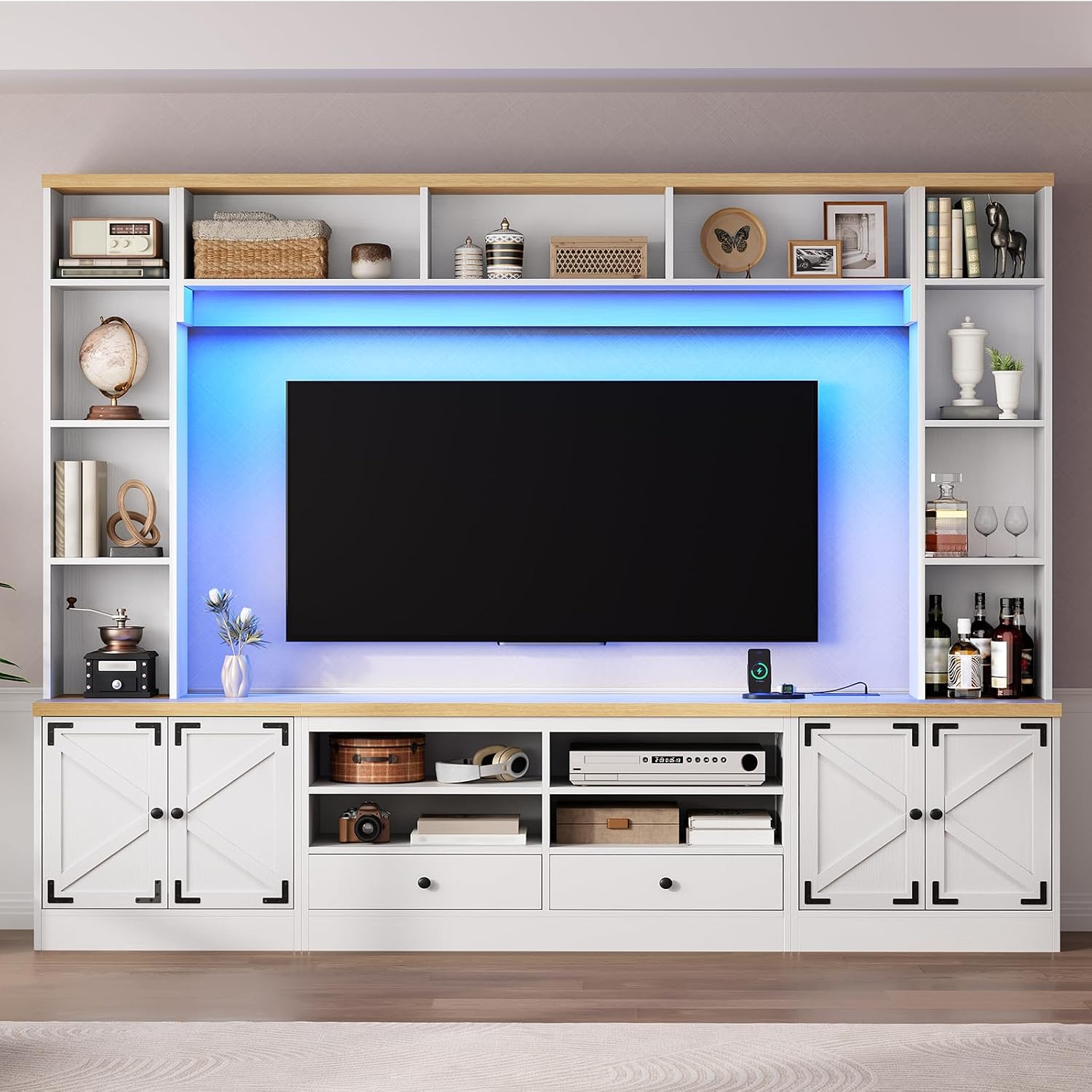 94.5" Wall Unit Entertainment Center with Doors, Farmhouse TV Stand with Bookshelves, Storage Cabinet, Fits TVs up to 78", Large Media Console with LED Light and Power Outlet, for Living Room