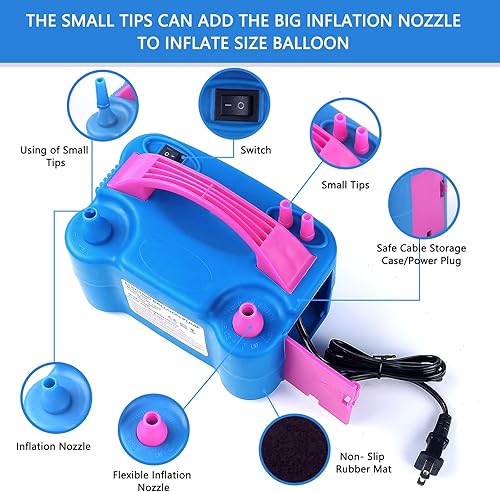 Miniatura 9 de Bomba eléctrica de globos, inflador de globos de 110 V 600 W, inflador de globos de doble boquilla para decoración, fiesta, deporte, regalos 2