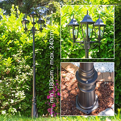 Außenleuchte Hongkong, Kandelaber in antikem Look, Aluguß in Schwarz matt mit Klarglas-Scheiben, 3-armige Wegeleuchte, höhenverstellbar, Retro/Vintage Gartenlampe, E27-Fassung, IP44, ohne Leuchtmittel