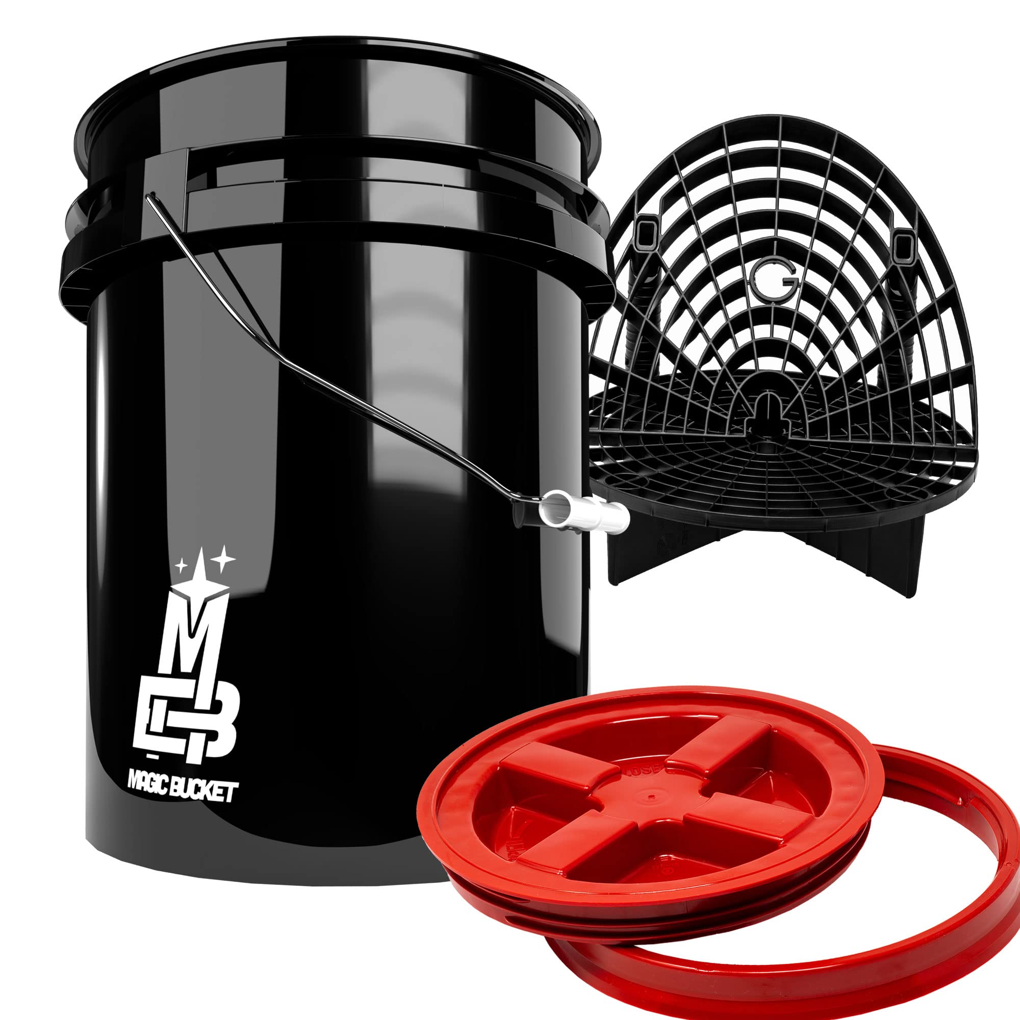Detailmate professionelles Wasch Eimer Set: Magic Bucket Wascheimer 5 GAL (ca. 20 Liter), Gamma Seal Eimerdeckel rot, GritGuard Schmutz Einsatz schwarz, GritGuard Washboard schwarz