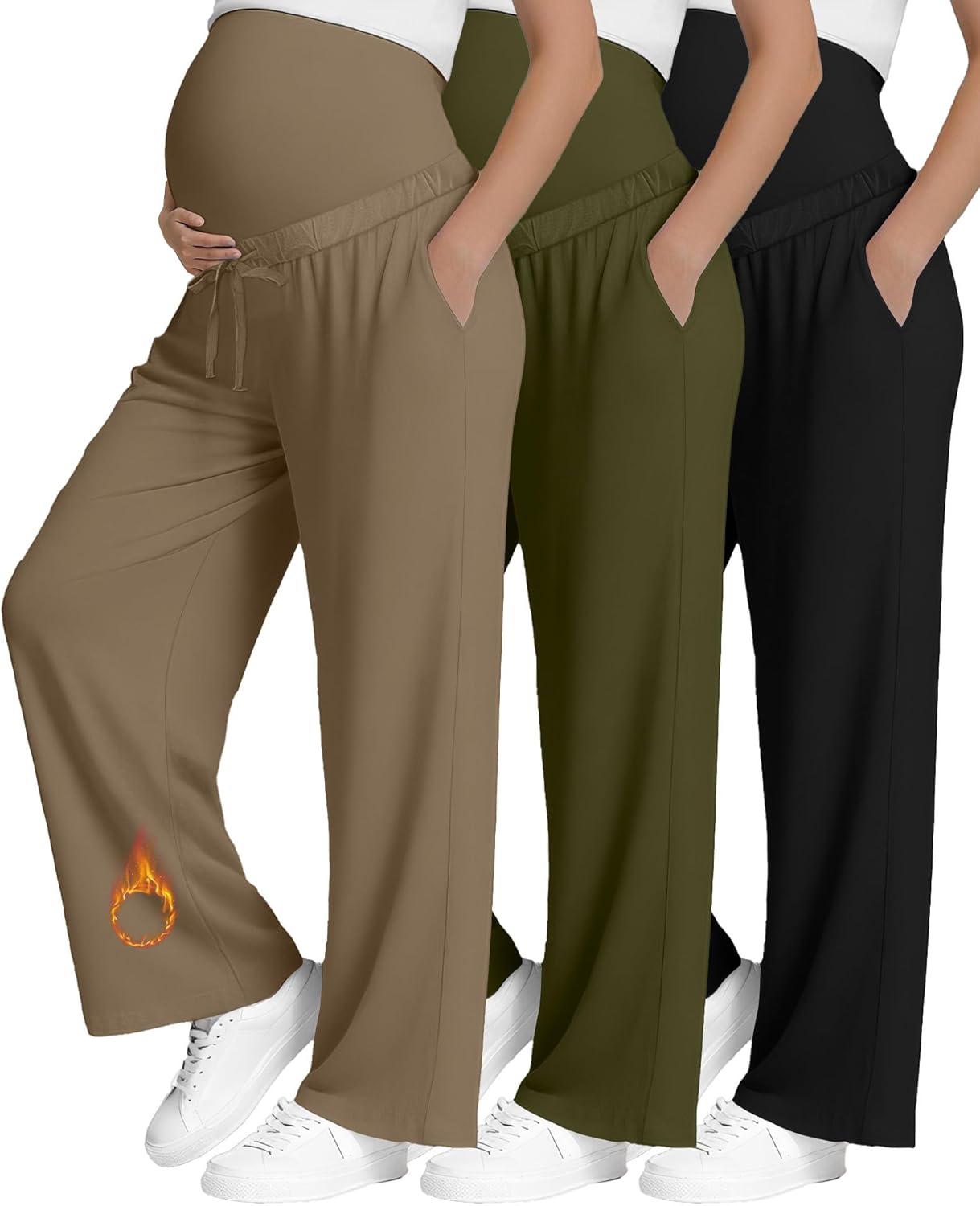 3 Pack Fleece Lined Maternity Pants Pregnant Lounge Pants Wide Leg Casual Sweatpants with Drawing and Pocket