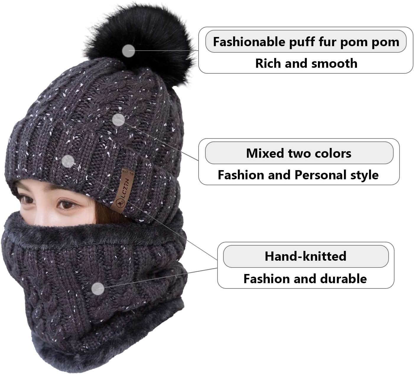 LCZTN Womens Pom Beanie Hat Scarf Set Girls Cute Winter Ski Hat Slouchy Knit Skull Cap with Fleece Lined - Image 2