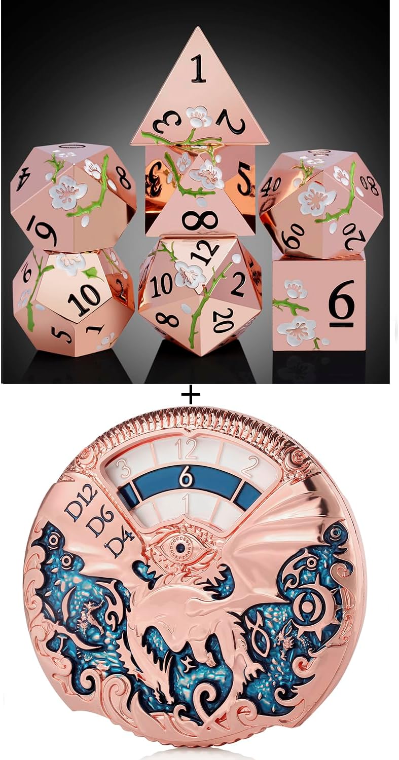 DNDND Rose Gold Flower Metal Dice Set with Gift Case and DNDND Dragon Roulette Metal Spinner Dice with Luxurious Box