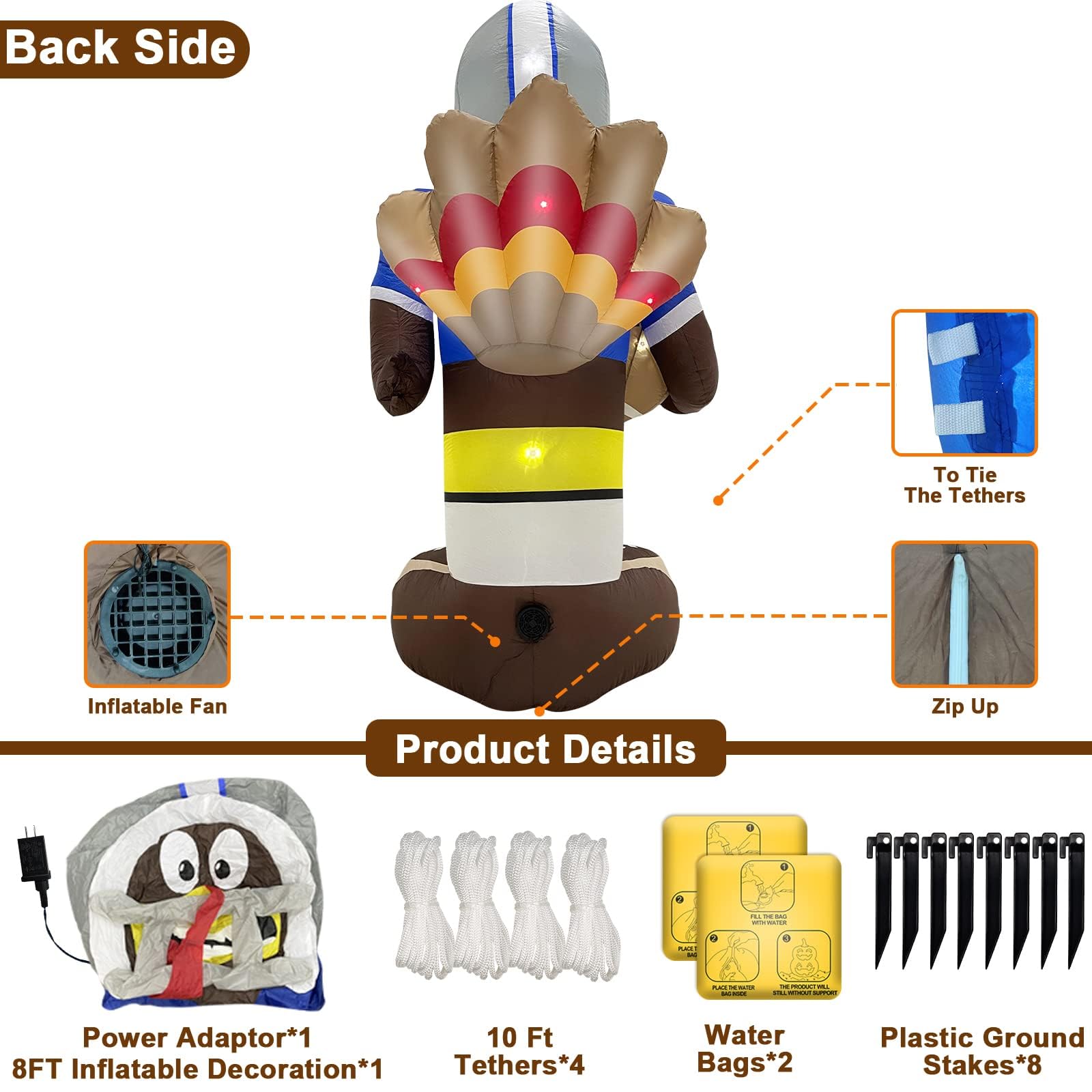 TURNMEON 8 Foot Giant Football Turkey Inflatables Fall Thanksgiving Decorations Outdoor with LED Lights 8 Stakes 4 Tethers 2 Water Bags Blow Up Autumn Thanksgiving Fall Decorations Yard Garden Party