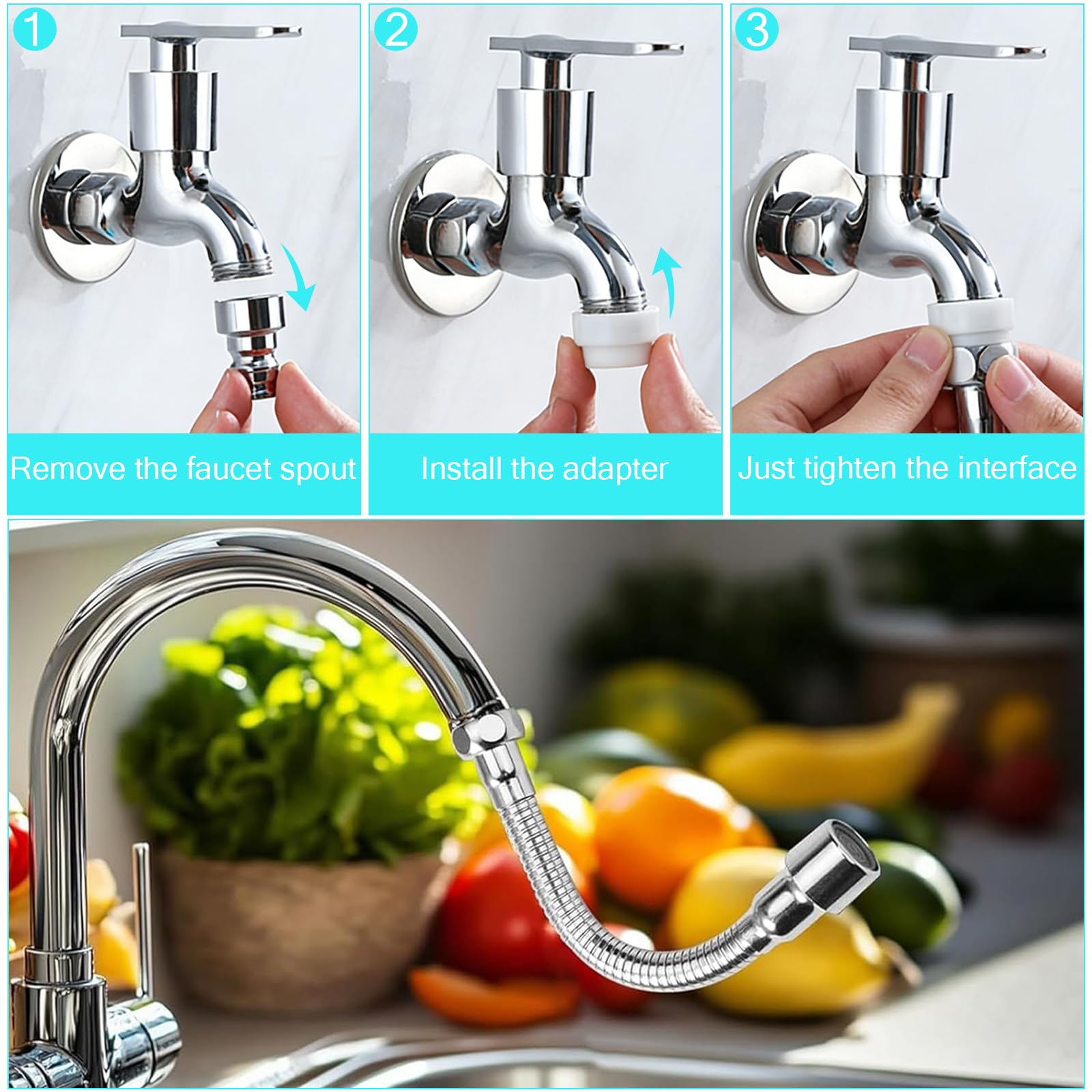 Extensión flexible de 20 cm, grifo de ahorro de agua, accesorio giratorio con 2 adaptadores de grifo, regulador de chorro, cabezal pulverizador para cocinas, baños, bares, inodoros