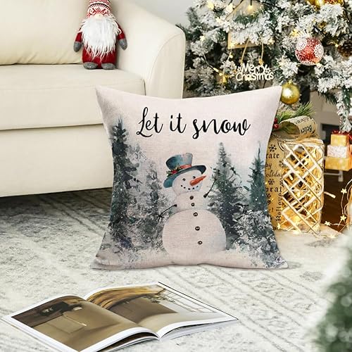 Miniatura 4 de Let it Snow - Funda de almohada de Navidad de muñeco de nieve de 24 x 24 pulgadas, fundas de almohada decorativas de invierno con árbol de pino