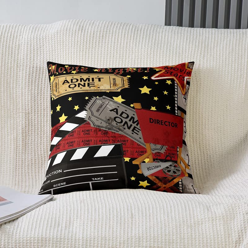 Movie Night Reversible Throw Pillow Covers Cinema Poster Star Print Square Cushion Covers Set of 2 for Kids Popcorn Pillow Covers Home Decor Old Fashion Home Decor Director Film 20 x 20-Inch