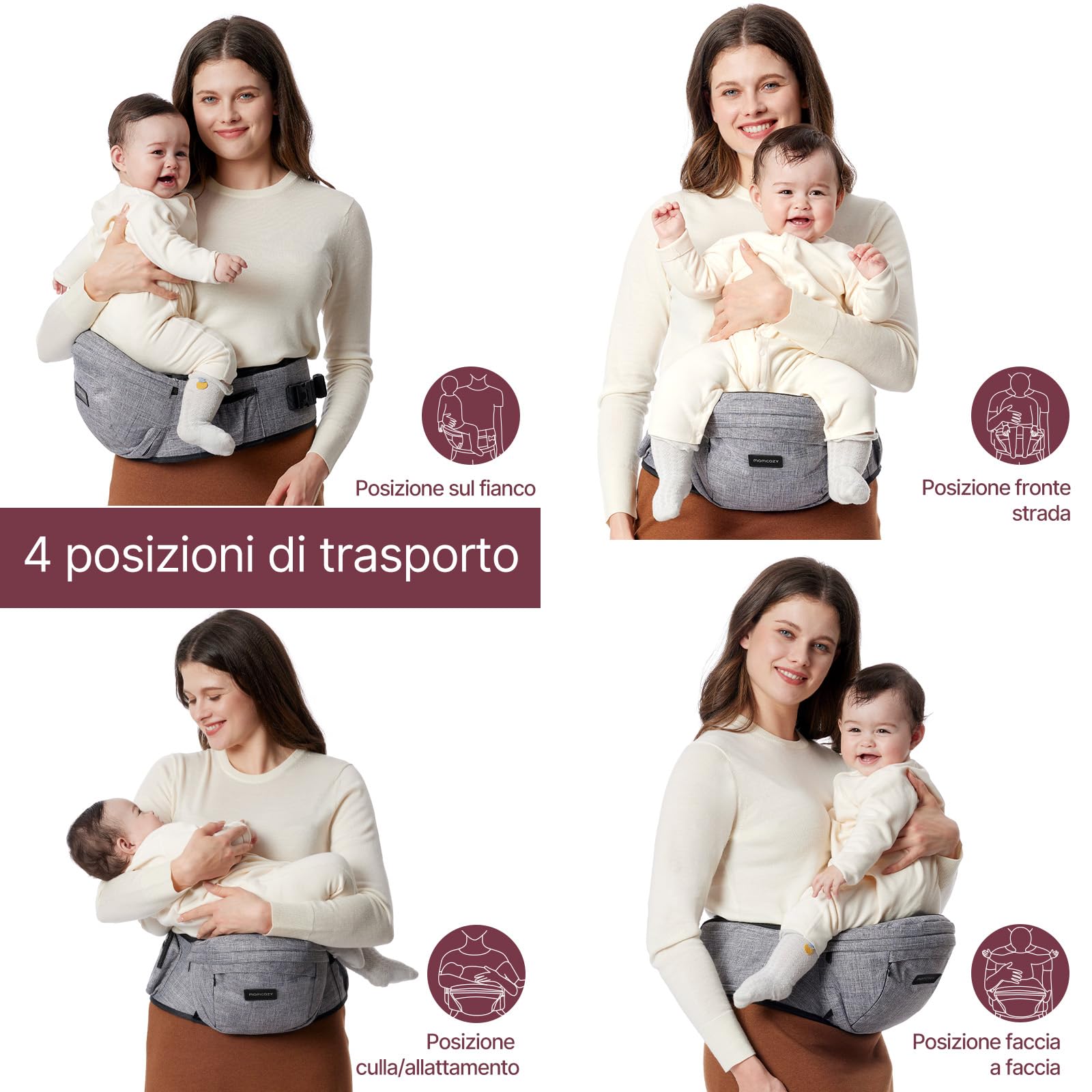 Marsupio per Bambini Momcozy - Cintura Regolabile con Protettore Ventrale 3D Originale, Marsupio Ergonomico con Varie Tasche per Neonati e Bambini fino a 45lbs (Grigio, Medio)