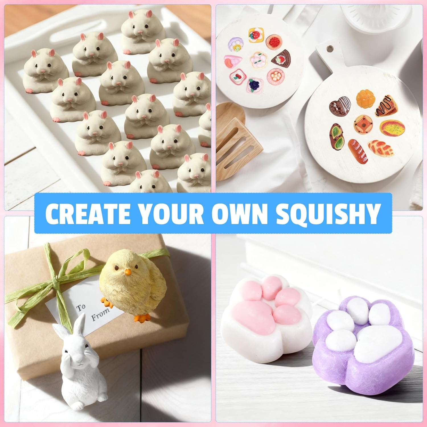 Acellegic Squishy Kit, Squishy Making Kit with Flocking Powder and 1: 1 AB Liquid Squishies Gel, Paw Hamster Chicken Rabbit Dessert Mold for DIY Decompression Craft