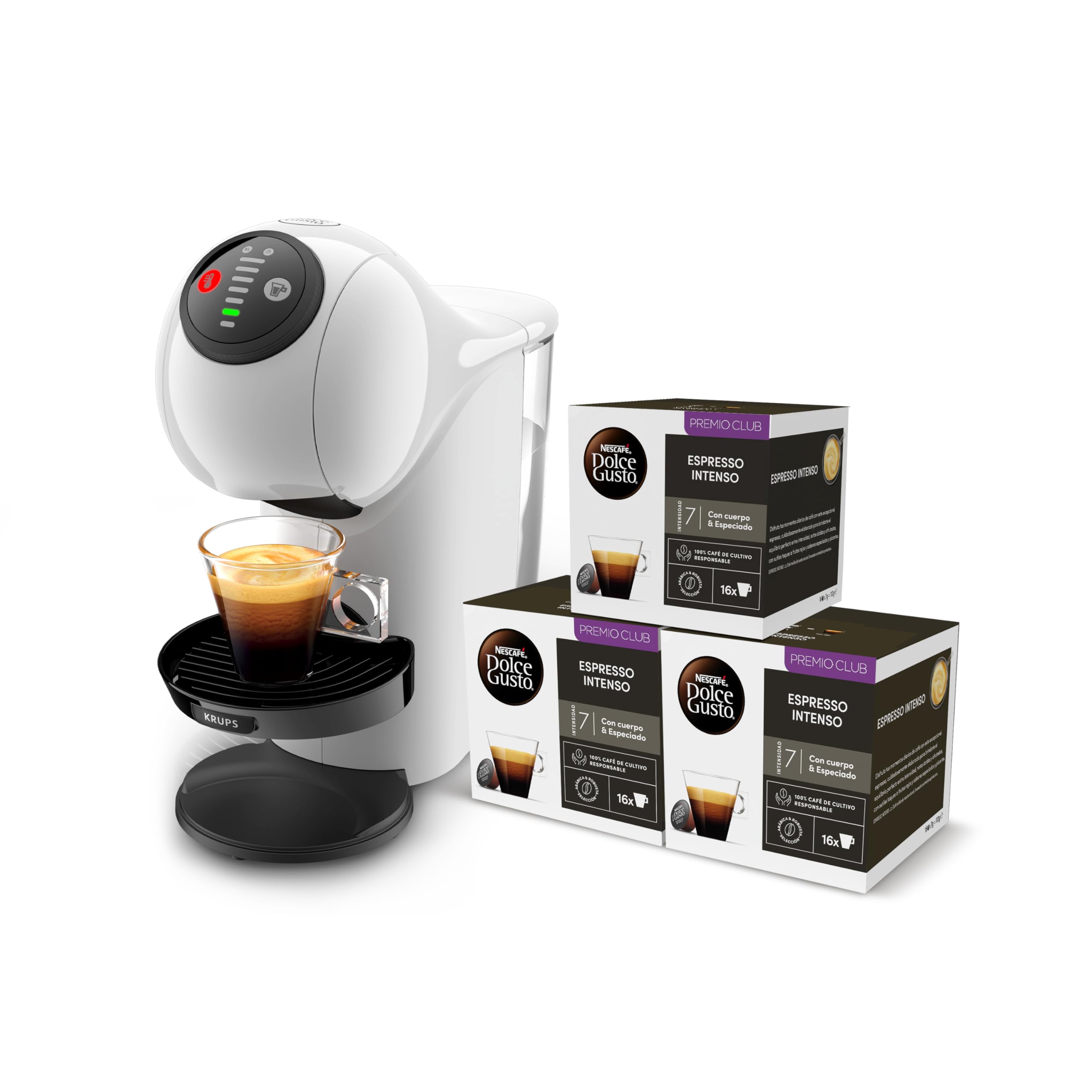 Krups Nescafé Dolce Gusto Genio S, Máquina Compacta de Cápsulas Multibebidas, Alta Presión, Espresso con Crema en 30 Segundos, Parada Automática, Diseño XL, Blanca + 3 Packs de Café Intenso