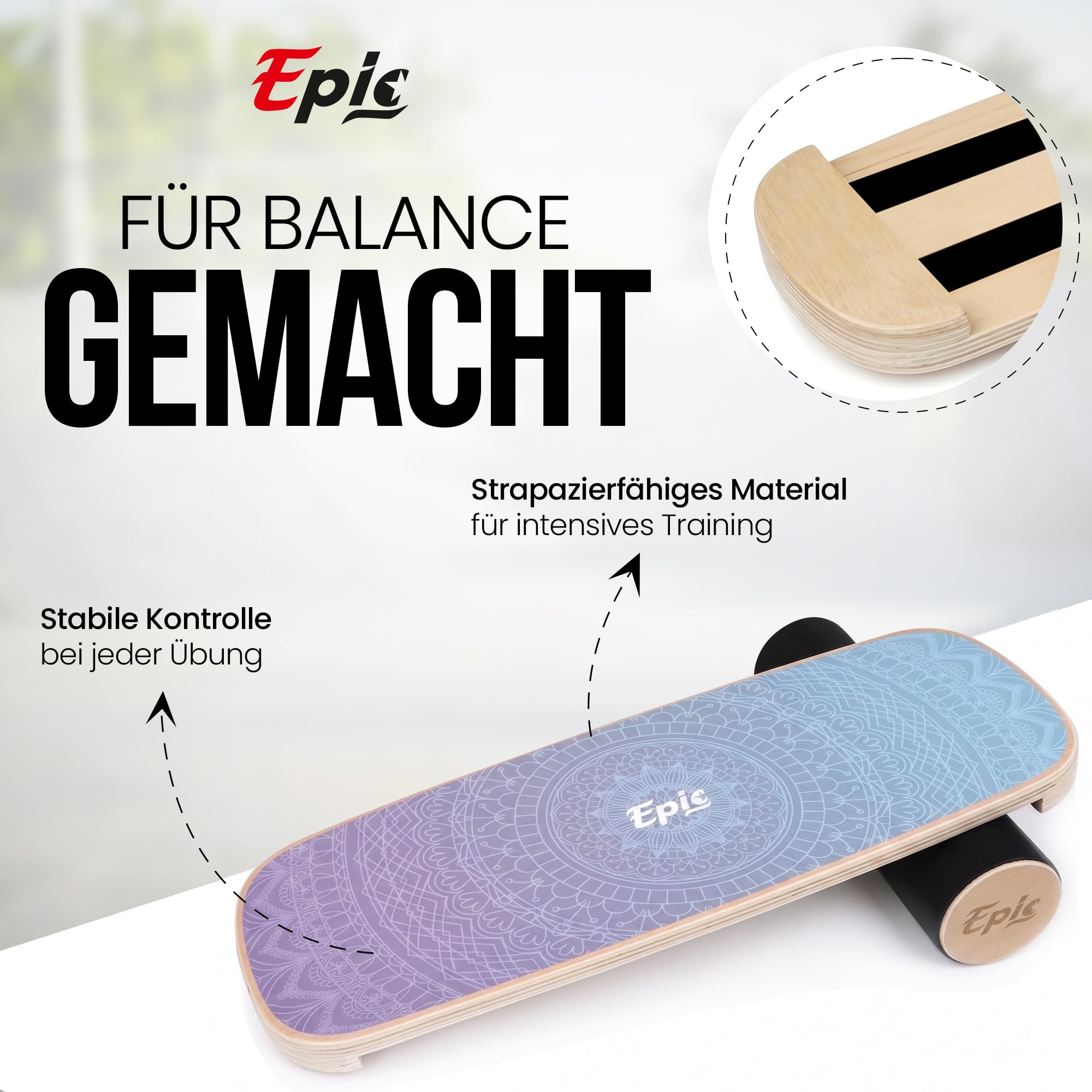 Balance Board mit Rolle – Balance-Trainer aus Holz für Fitness, Tennis, Leichtathletik sowie Surf- & Snowboard-Training; ideal für alle ab 9 Jahren, belastbar bis 150 kg.
