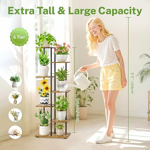 Miniatura 2 de iDavosic.ly Soporte alto para plantas de 6 niveles para interiores, estante esquinero de metal y madera para múltiples flores, estante de exhibición