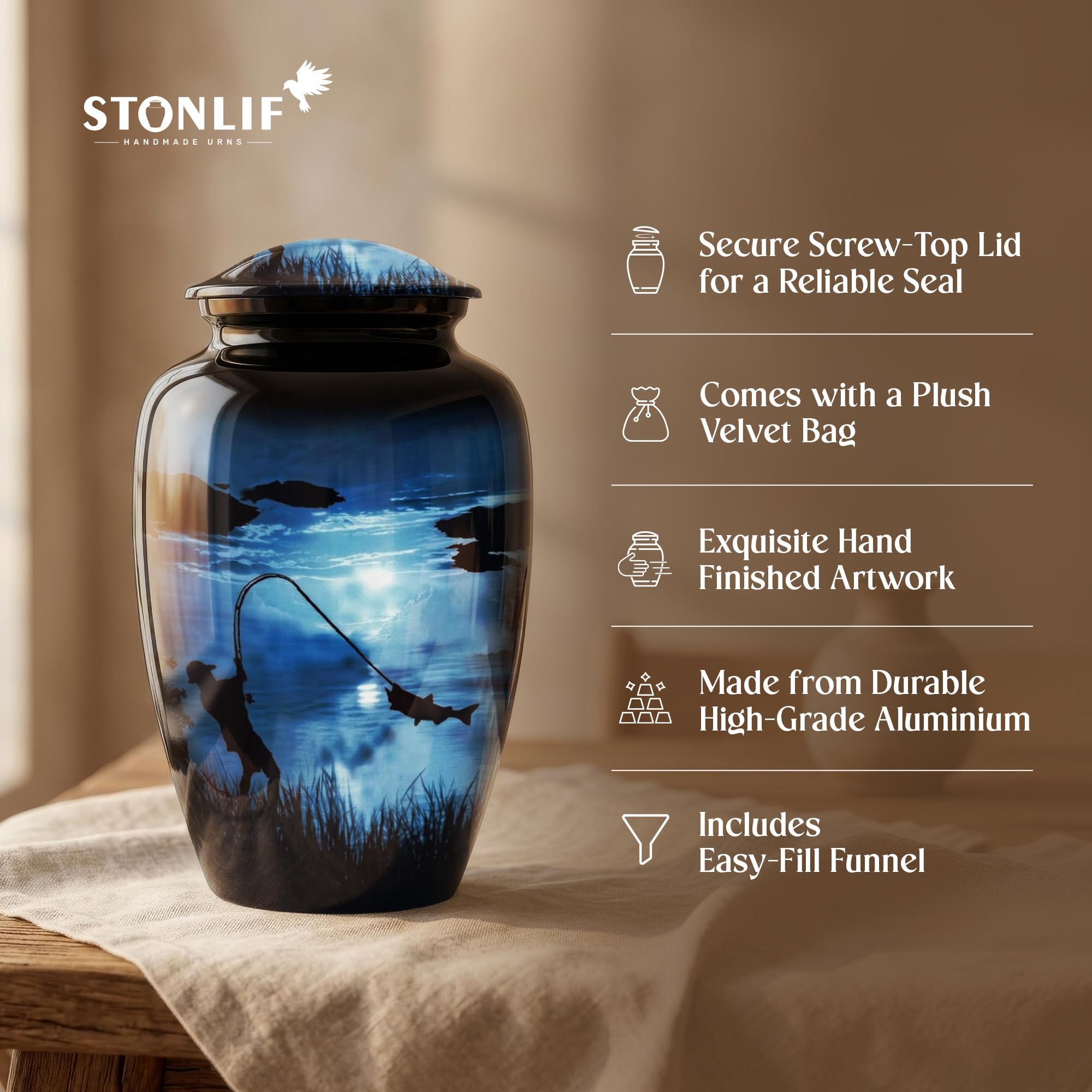 Stonlif Grande urne funéraire de pêche pour Cendres humaines Adultes mâles Femelles – Urne décorative de pêche pour Homme et Femme 90,7 kg | Urne de pêche pour Papa, Homme, Cendres humaines | Grande