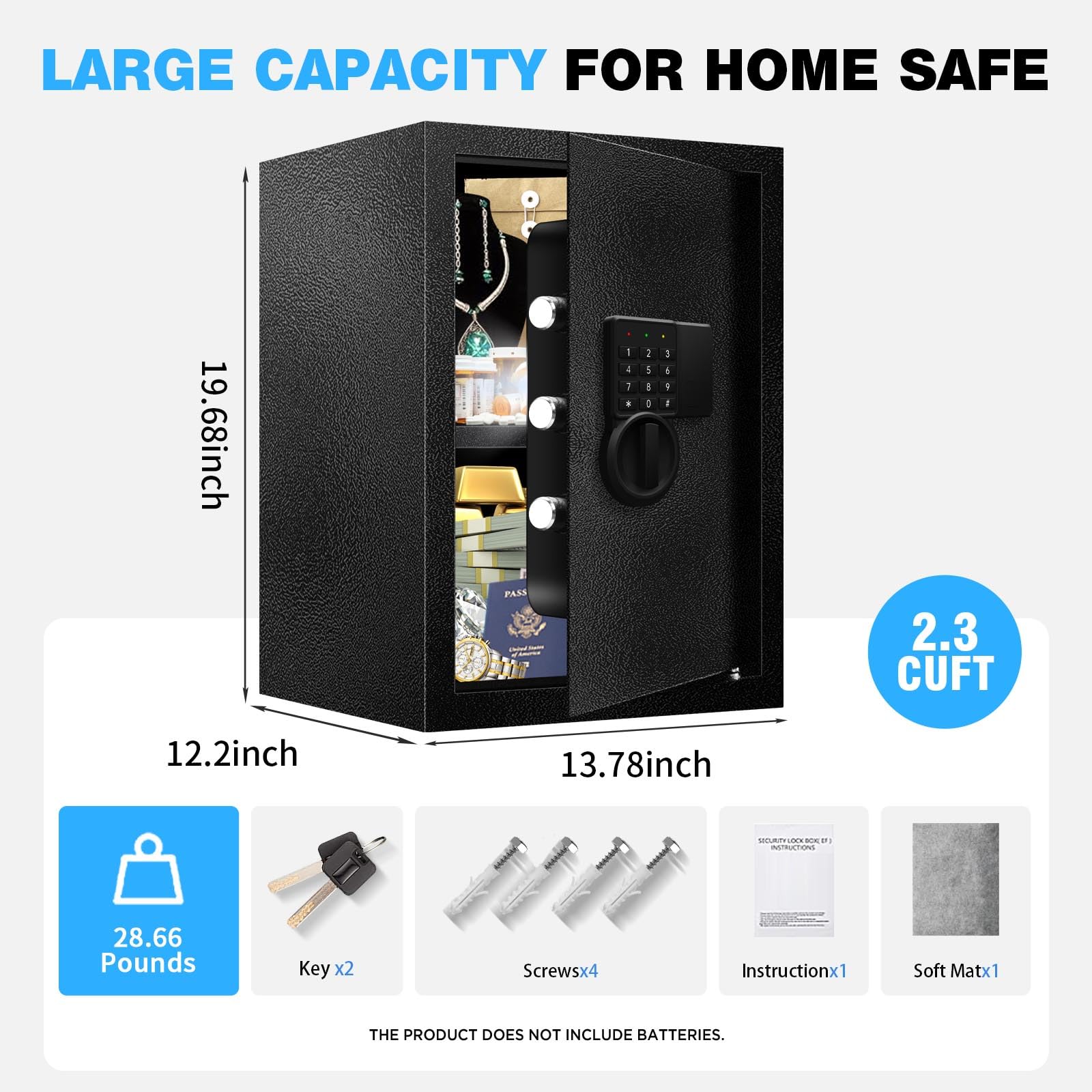 Caja fuerte de 2.8 pies cúbicos para documentos del hogar, caja de seguridad digital electrónica de acero para oficina, dinero, joyas, objetos de valor, caja de seguridad personal con sensor 5