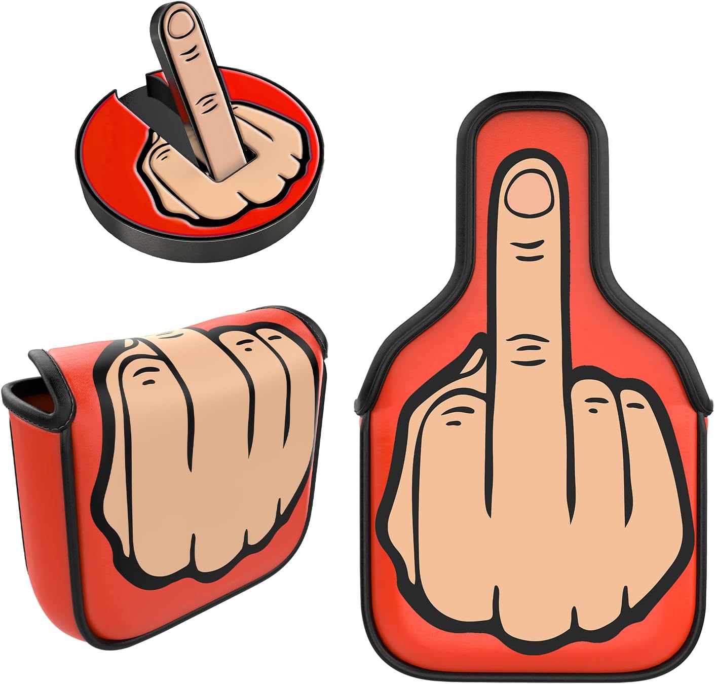 Red Middle Finger Golf Putter Head Covers & Ball Marker - Premium Golf Club Protector with Magnetic Closure | Funny Golf Accessories for Men | Premium Club Protection | Great Gift for Golf Lovers