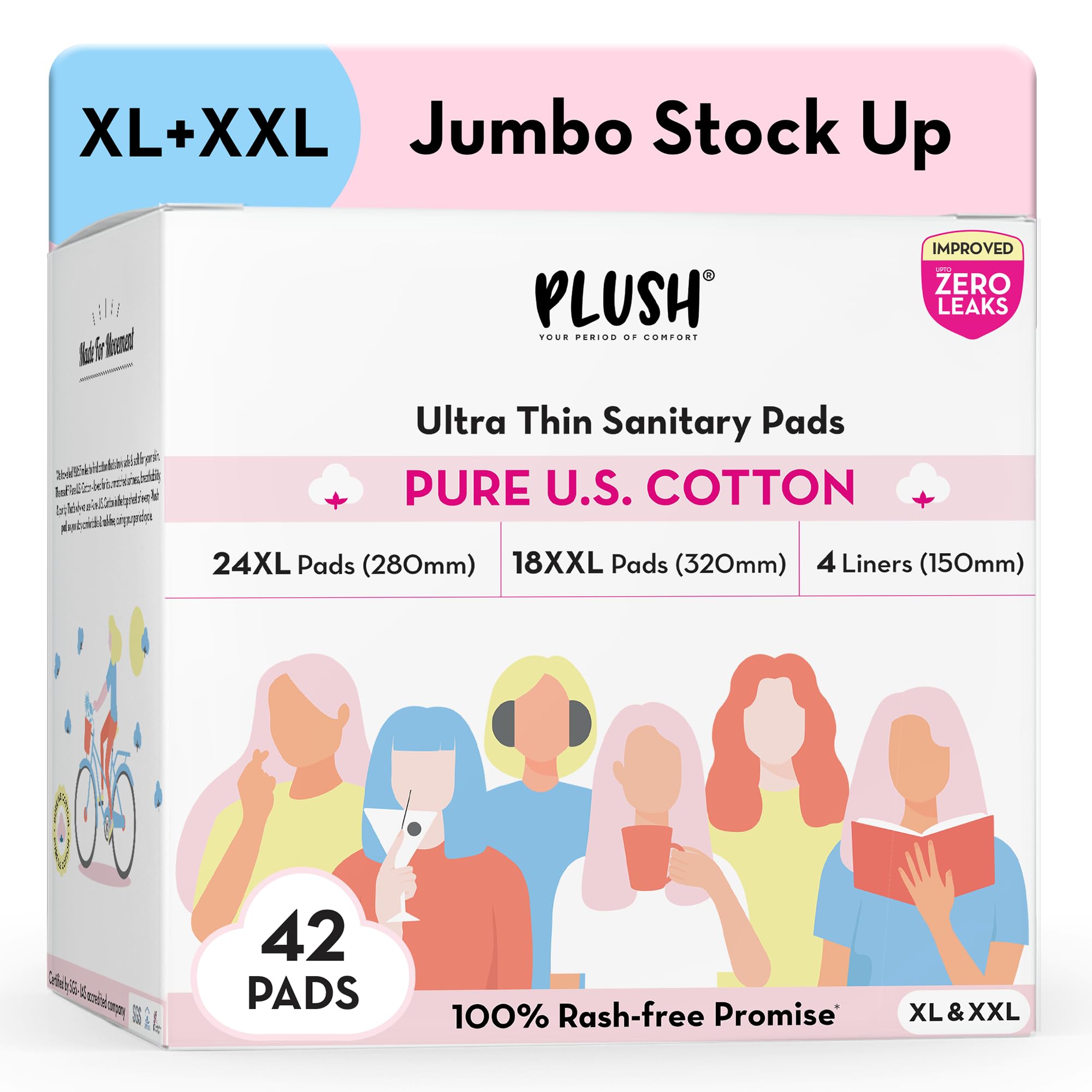 Plush Ultra-Thin Sanitary Pads for Women, 42 Pcs | SUPER SAVER PACK | 24 L (Light Flow), 18 XL (Medium Flow), 4 Panty Liners | 100% Rash-Free | Pure U.S. Cotton Pads | Affordable Sanitary Napkins-image-9