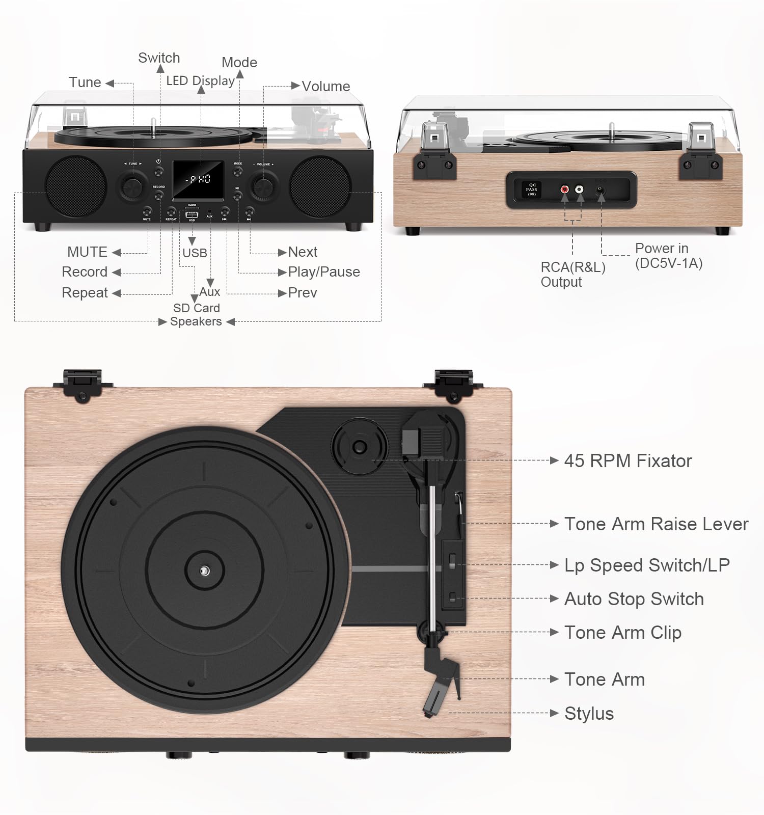 Odtwarzacz płyt z wbudowanymi głośnikami, gramofon Bluetooth w stylu vintage, 3 prędkości, z nagrywaniem USB, odbiorem Bluetooth, wyjściem liniowym RCA i wejściem AXU, radiem FM, odtwarzaczem płyt