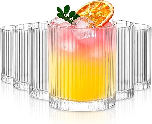 INSETLAN Juego de vasos de vidrio acanalado de 6 a 14 onzas, vasos transparentes para vino, jugo, cócteles, agua, café helado, whisky, aptos para