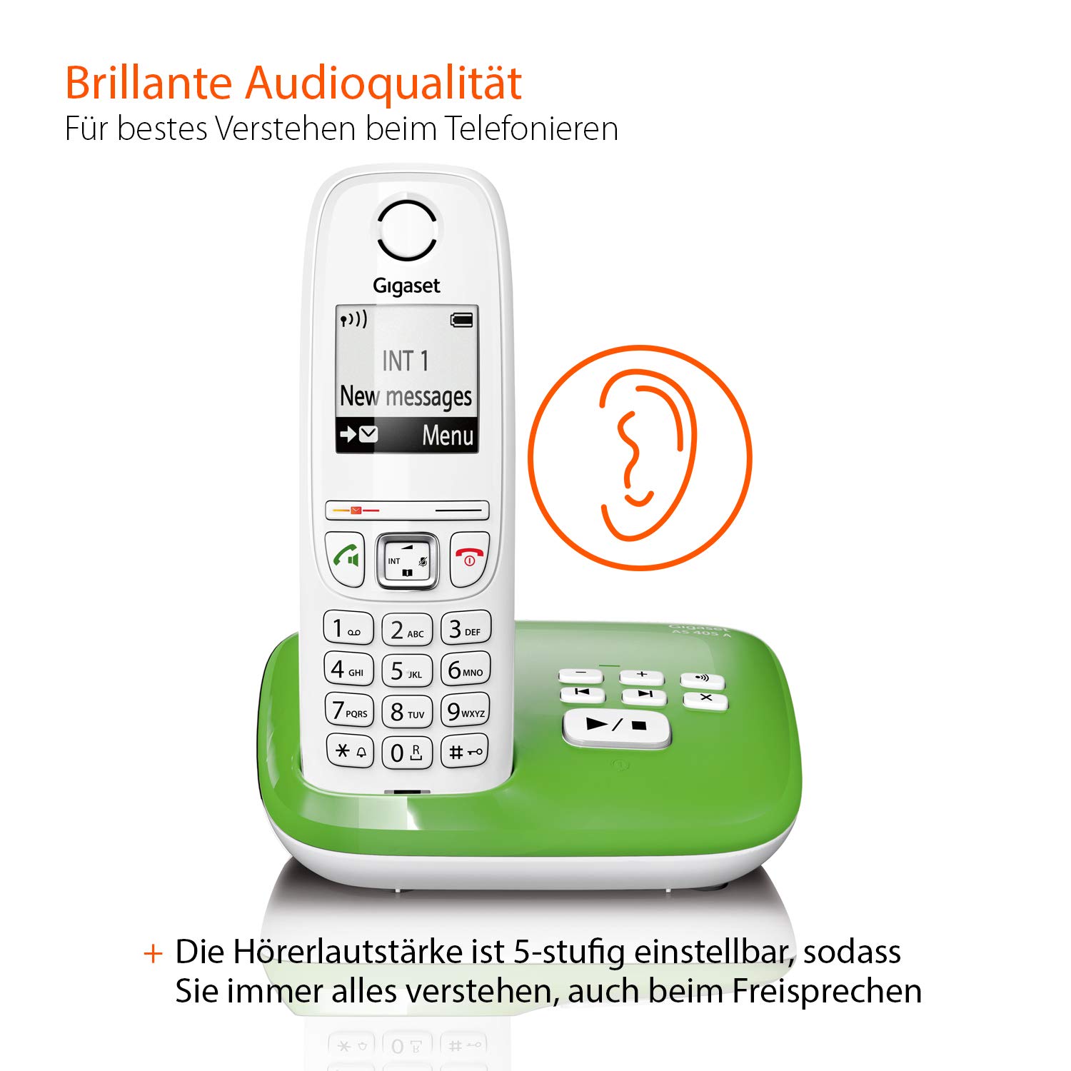 AS405A Festnetz-/Schnurlostelefon Anrufbeantworter (DECT-Telefon, Freisprechfunktion, großes Display, große Tasten) grün