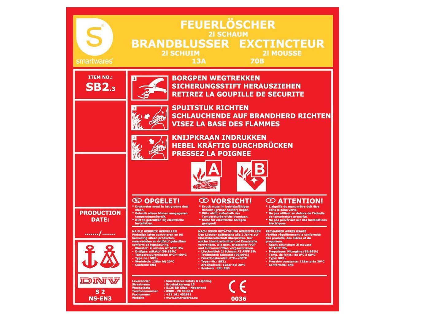 SMARTWARES Set di 2 pratici estintori in schiuma, 2 litri, classe di fuoco A, B, antincendio, SB2SW