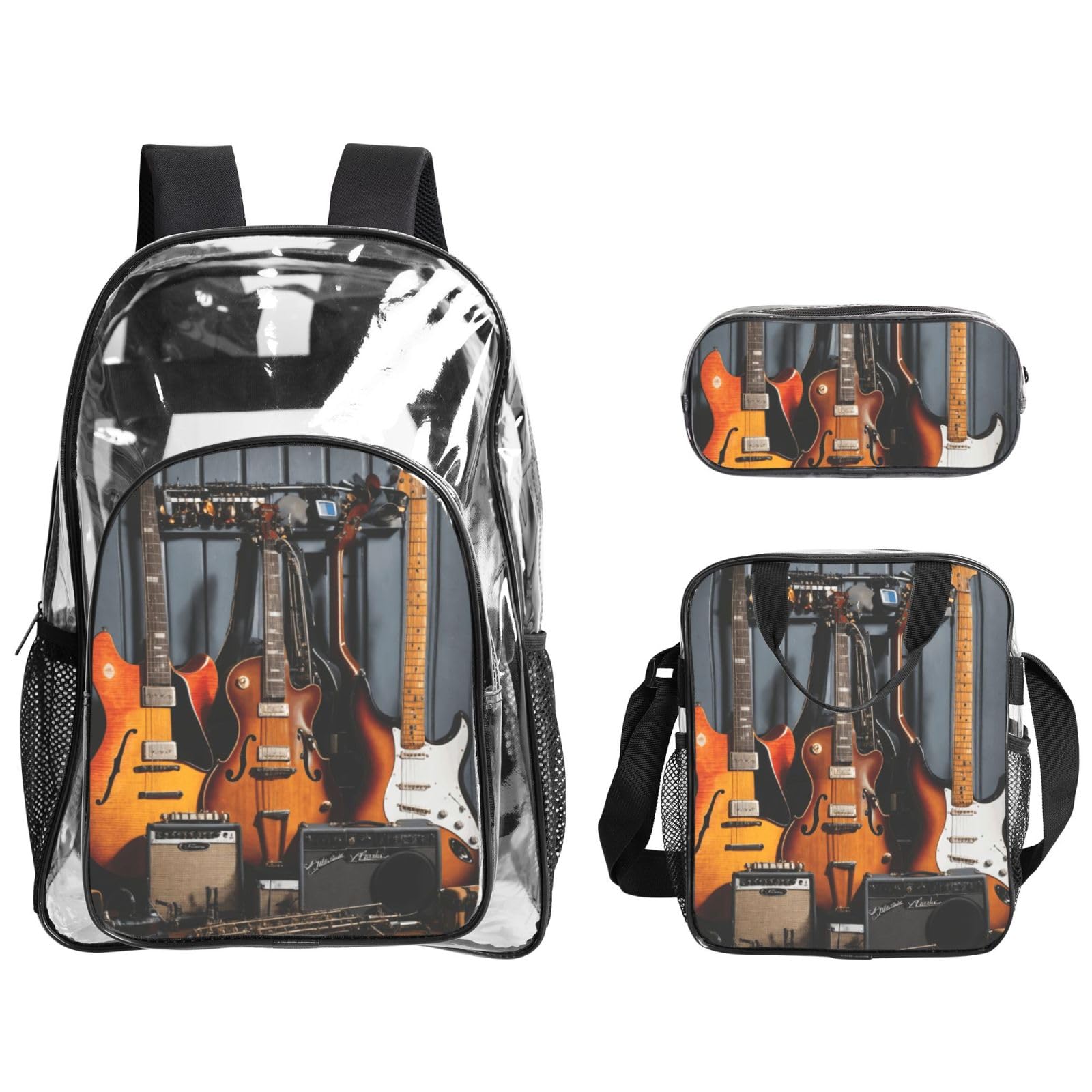 Gitara elektryczna nadruk przezroczysty plecak zestaw unisex 3-częściowy przezroczysty torba na lunch piórnik podróżny na zewnątrz